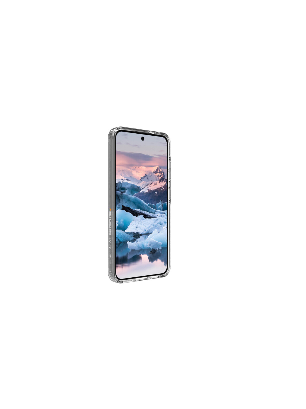 Telefono con custodia trasparente che mostra montagne innevate e acqua.