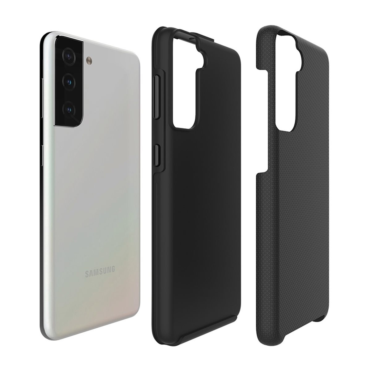 Uno smartphone bianco con tre fotocamere è posto accanto a due custodie nere.