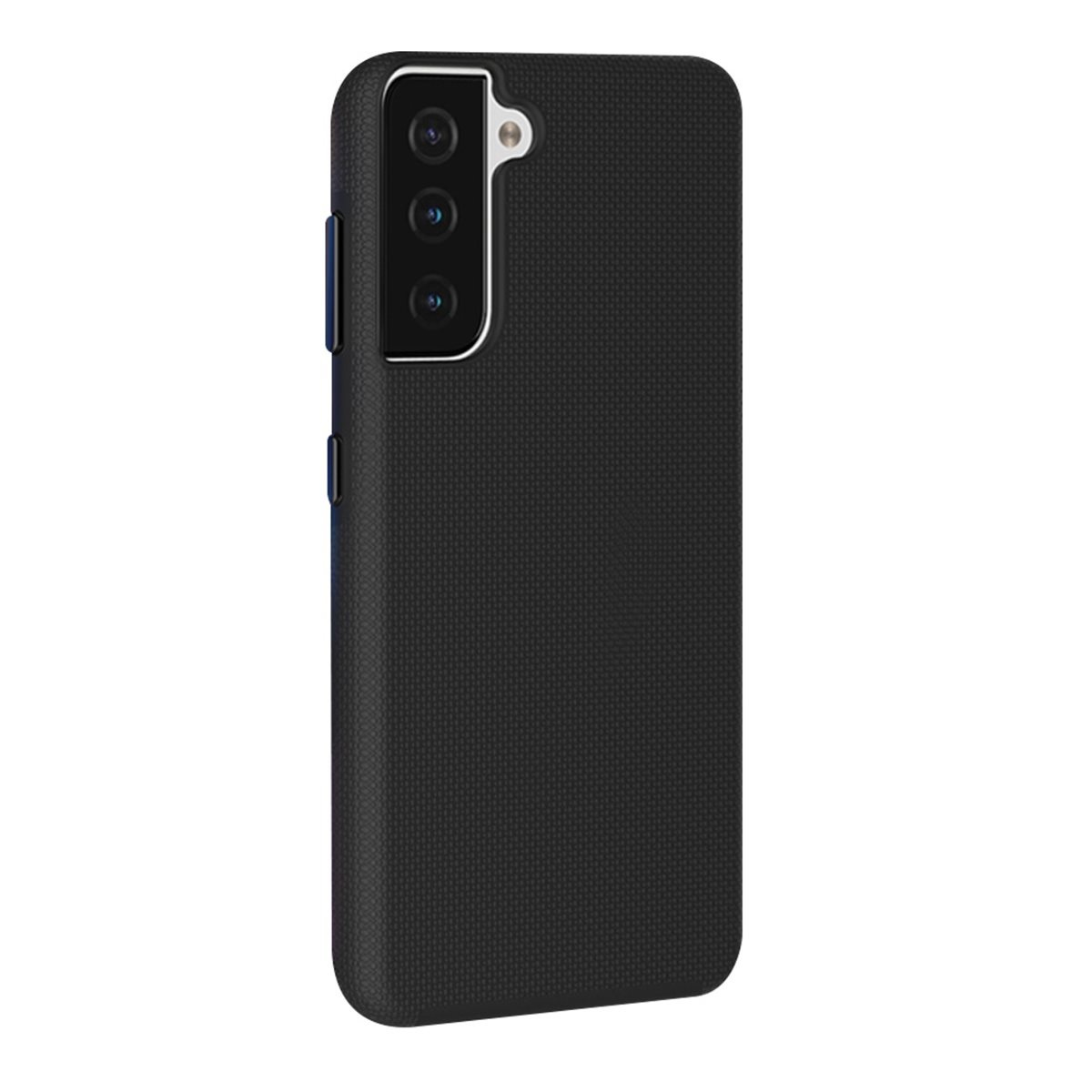 Custodia per telefono nera con superficie strutturata. Presenta ritagli per fotocamera e posizionamento dei pulsanti.