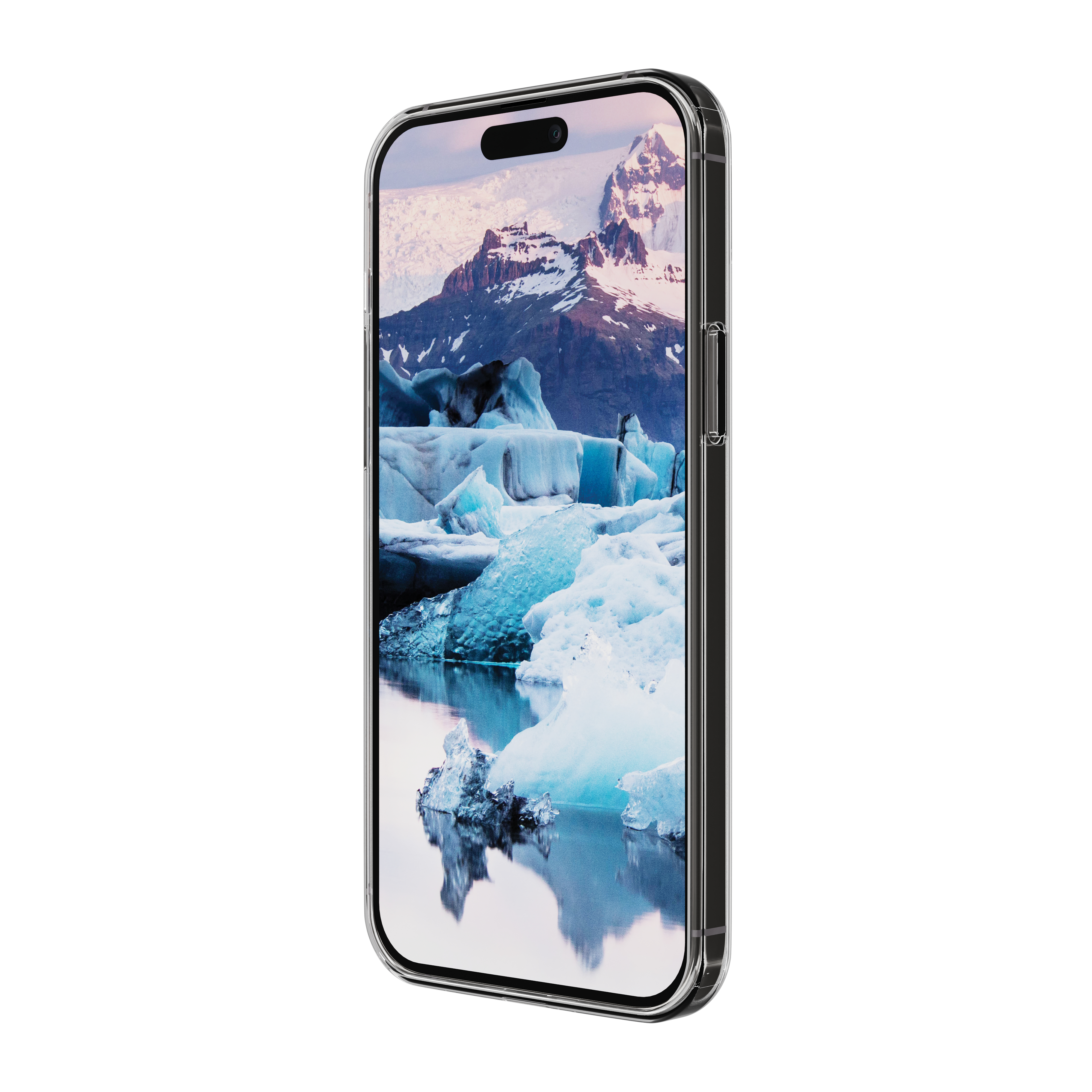 Telefon in einer Hülle mit Landschaft eines Eisbergs und Bergen.