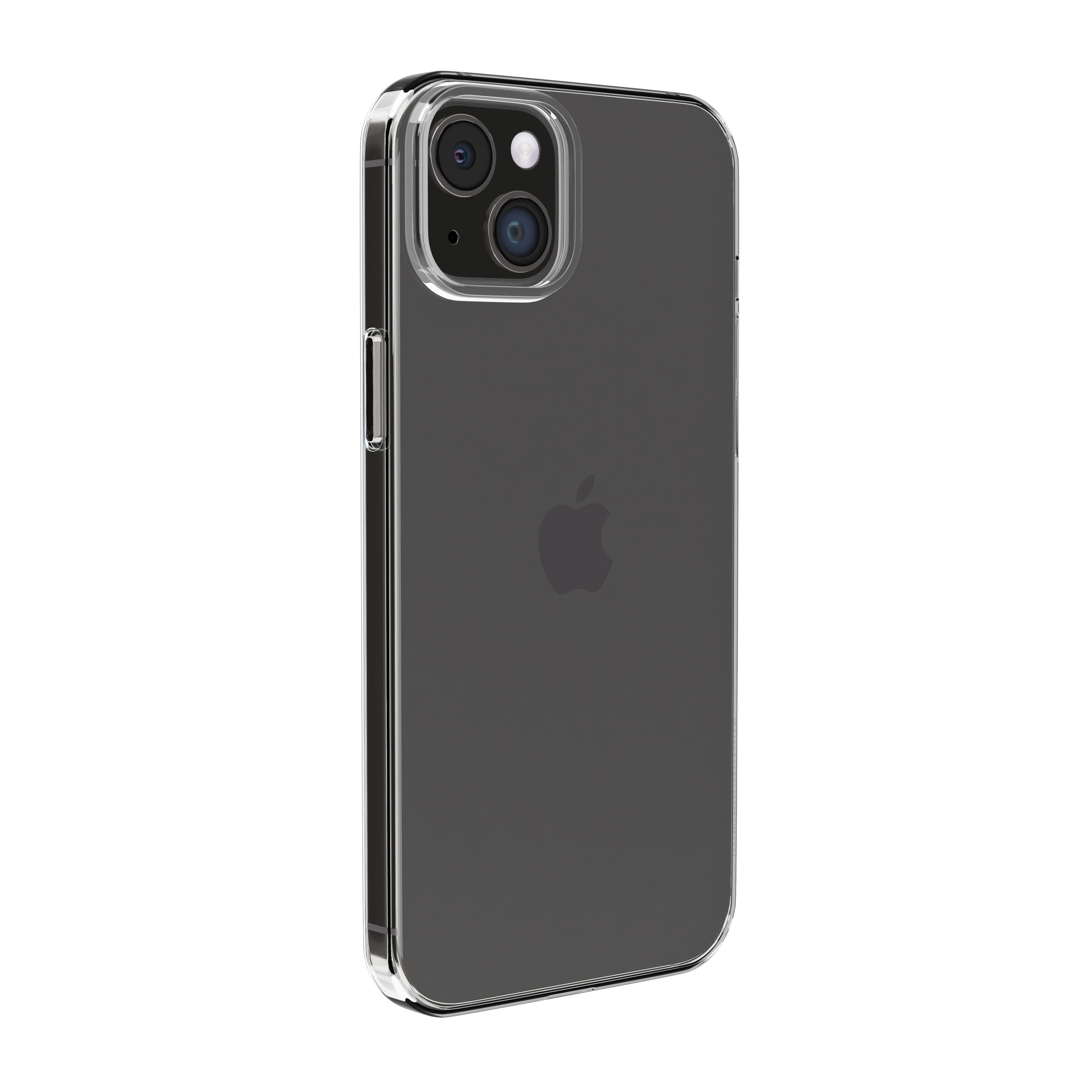 Eine transparente Handyhülle auf einem schwarzen iPhone, das Apple-Logo zeigend.
