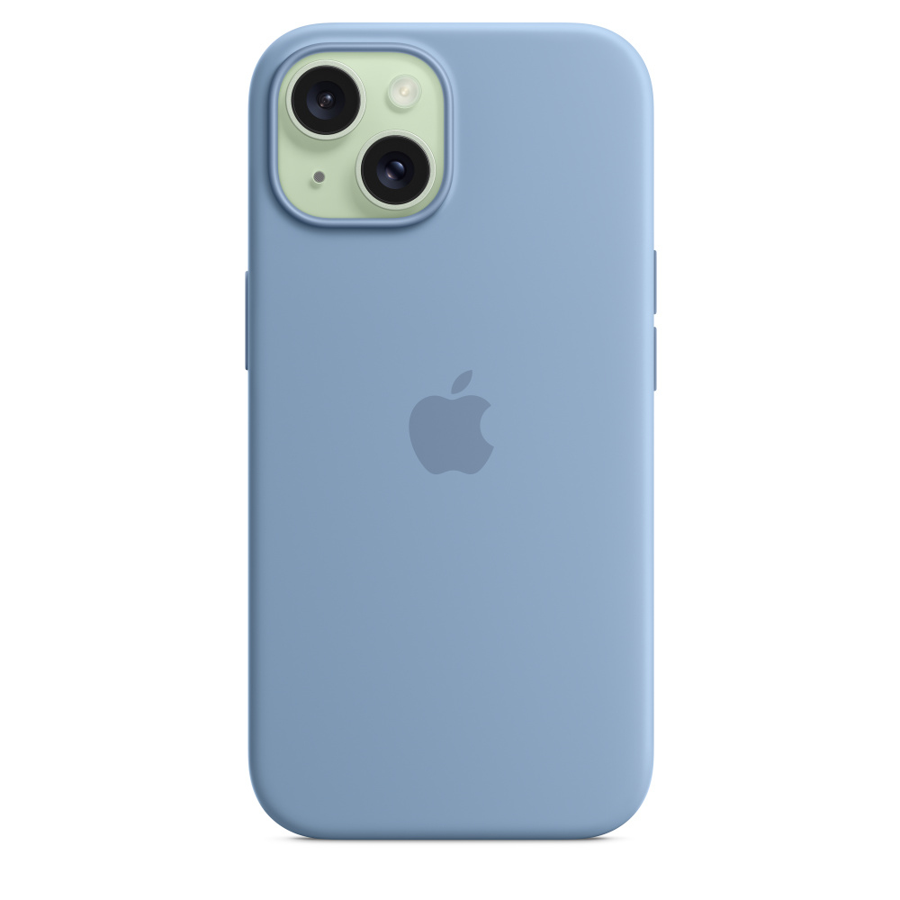 Blue iPhone with Apple logo. Dual camera. Blue case. White background.