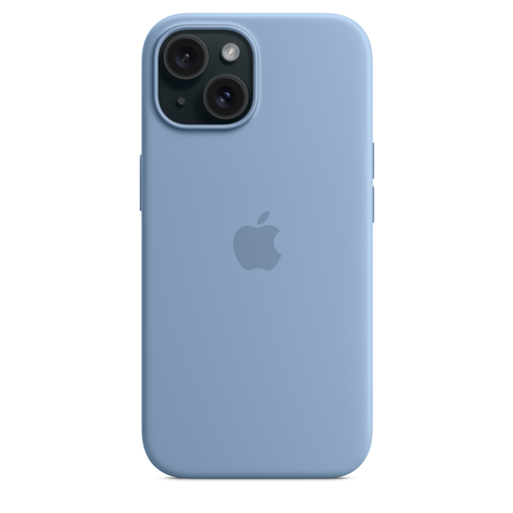 A light blue iPhone with a case on the back, showing the camera module.