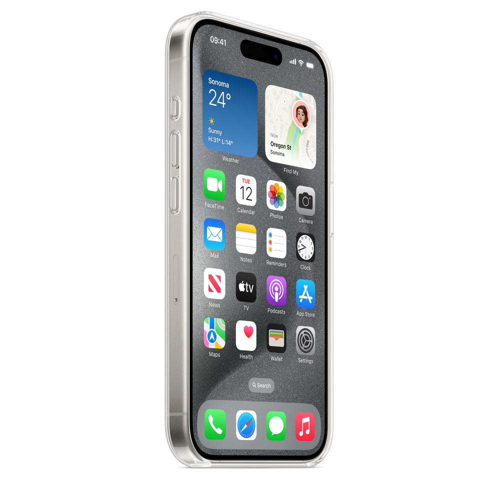Een transparante iPhone in een hoesje, met het startscherm met pictogrammen en de weerwidget.