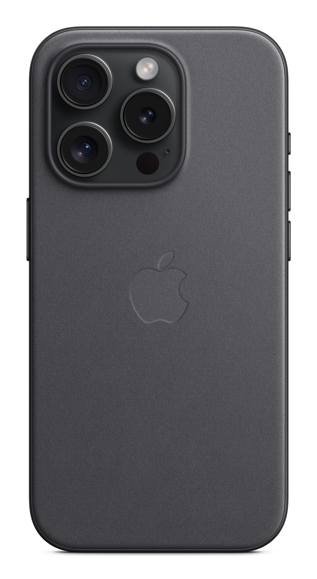 Retro di un iPhone grigio scuro con tre fotocamere e logo Apple.