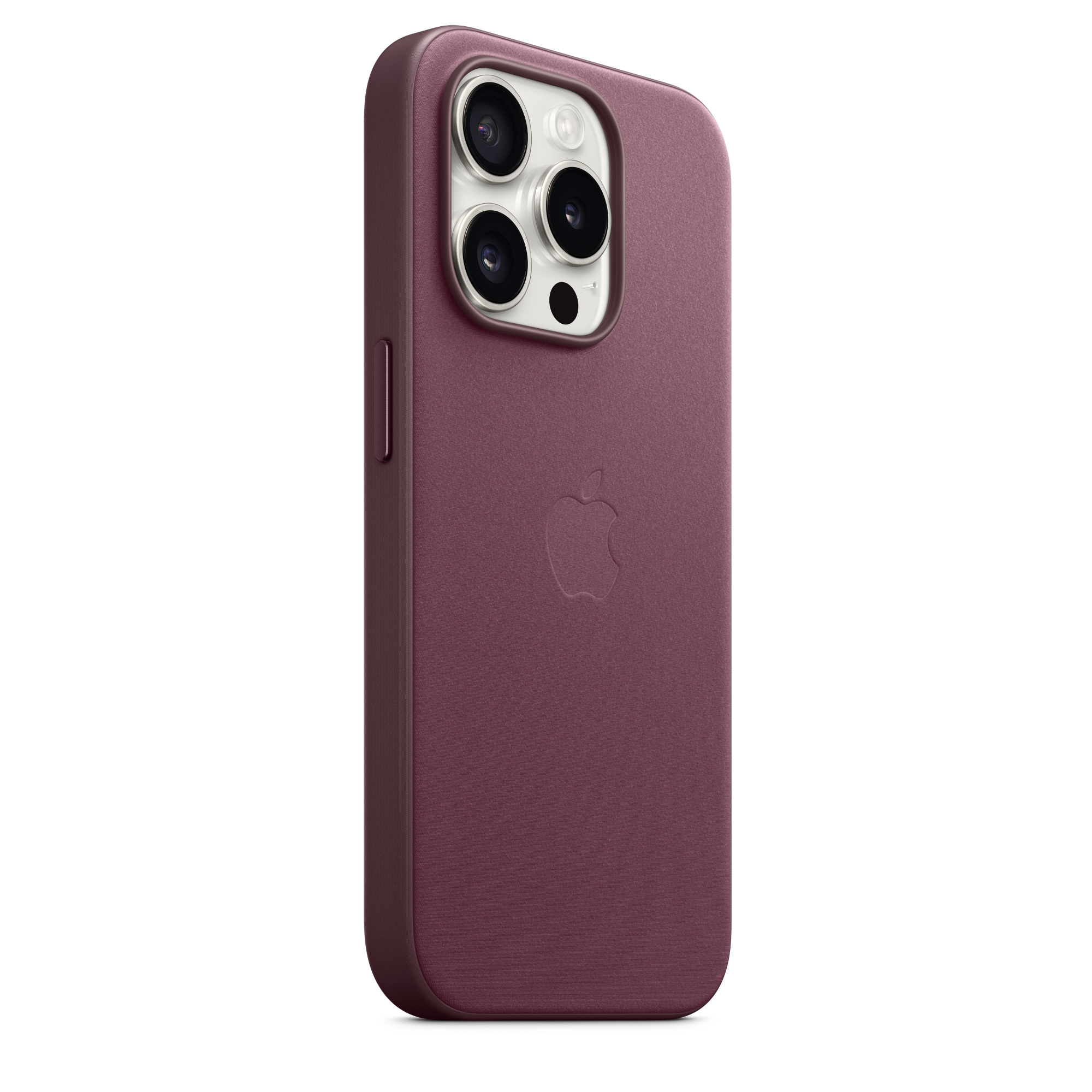 A maroon leather phone case for an Apple iPhone, with the Apple logo visible.