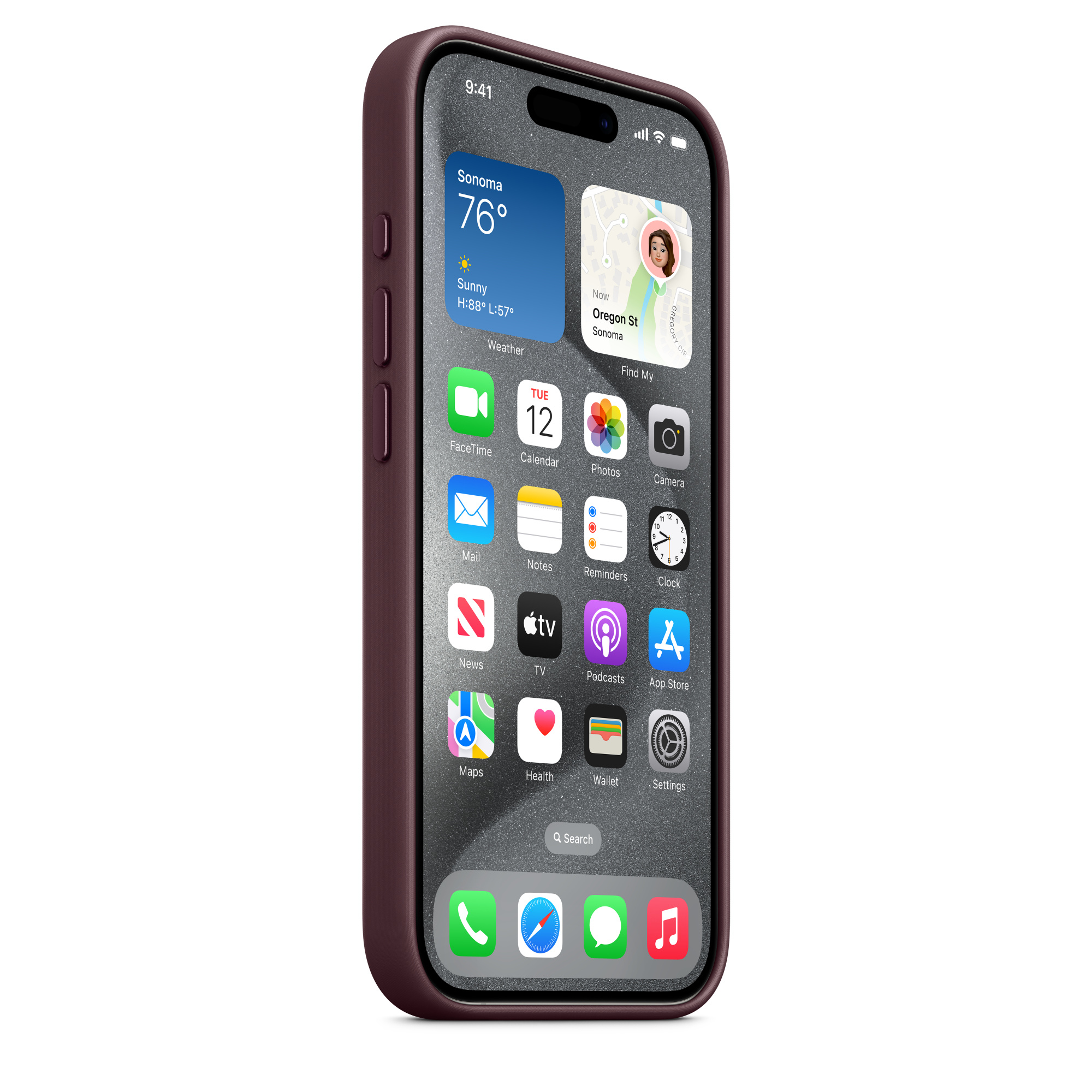 Maroon iPhone with a case displaying the home screen interface.