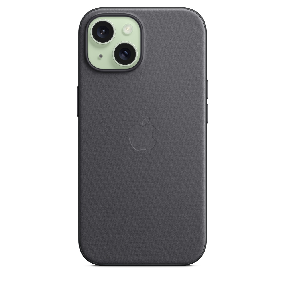 Een donkergrijze telefoonhoes met een Apple-logo op de achterkant en cameralenzen linksboven.