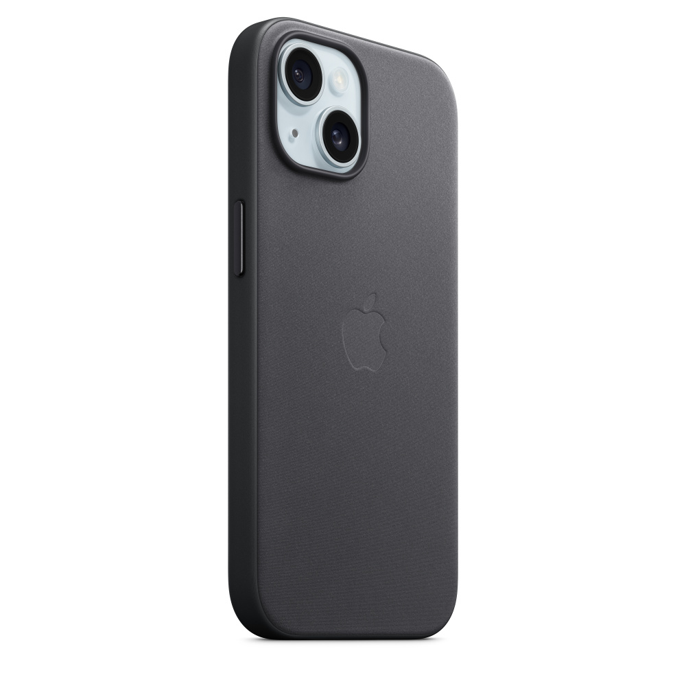 Zwarte iPhone-hoes met twee cameralenzen en Apple-logo. De hoes op witte achtergrond.