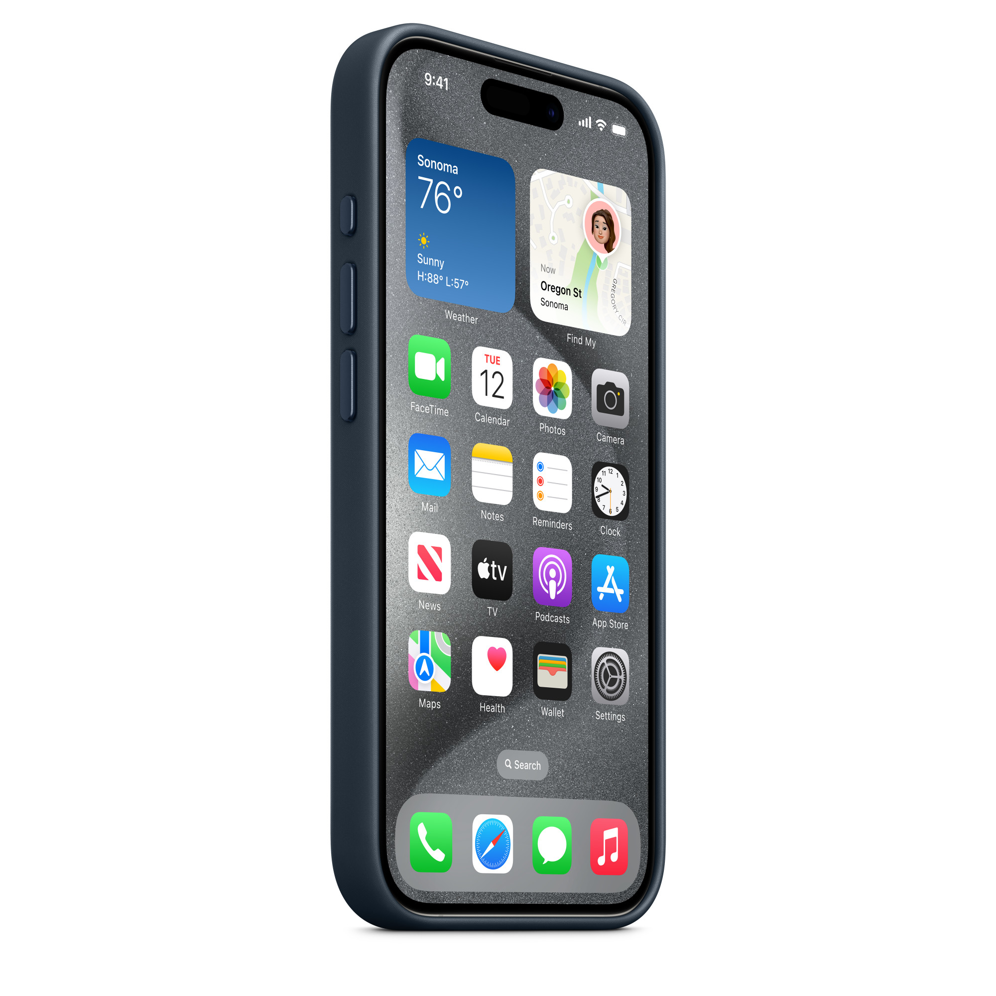 Eine blaue Handyhülle mit einem Telefon, das den Startbildschirm mit App-Symbolen anzeigt.