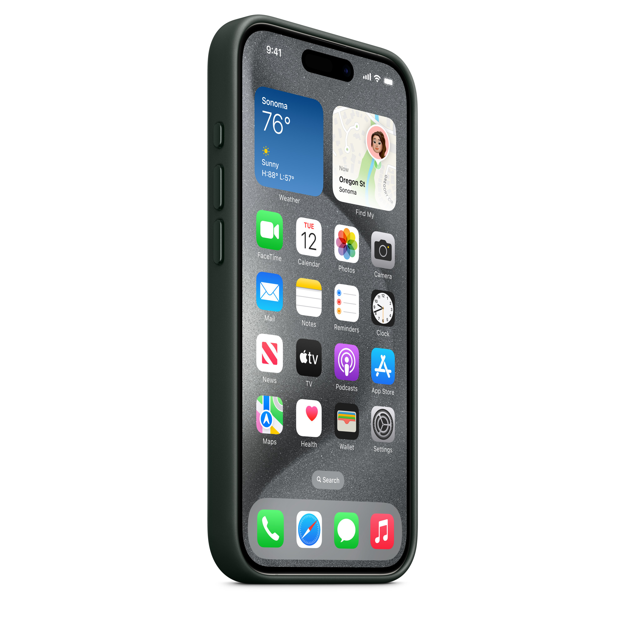 iPhone in una custodia verde scuro su sfondo bianco. Mostra icone app e l'ora.
