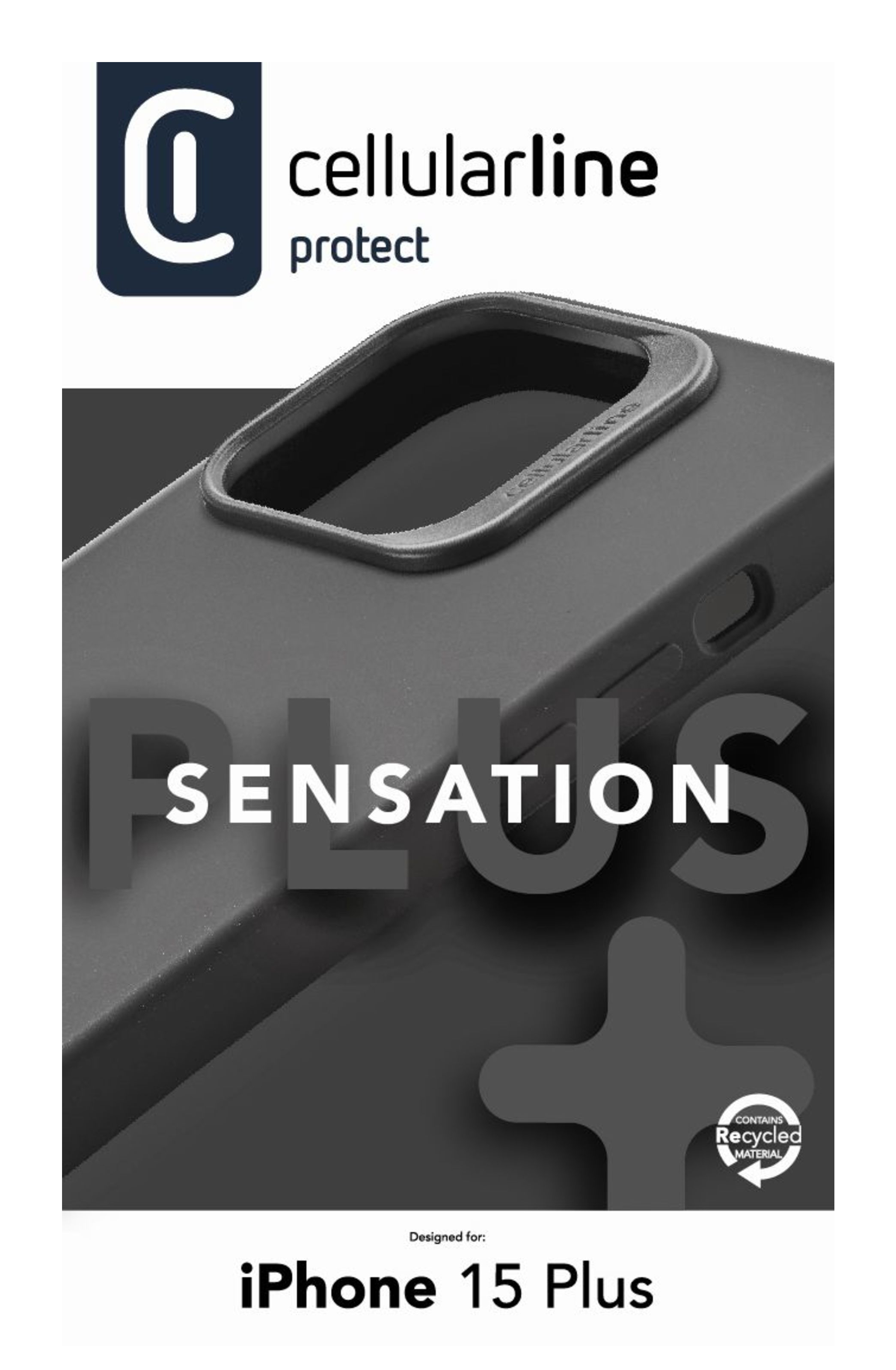 Custodia per telefono nera con testo 'SENSATION PLUS' e logo cellularline. Etichetta materiale riciclato.