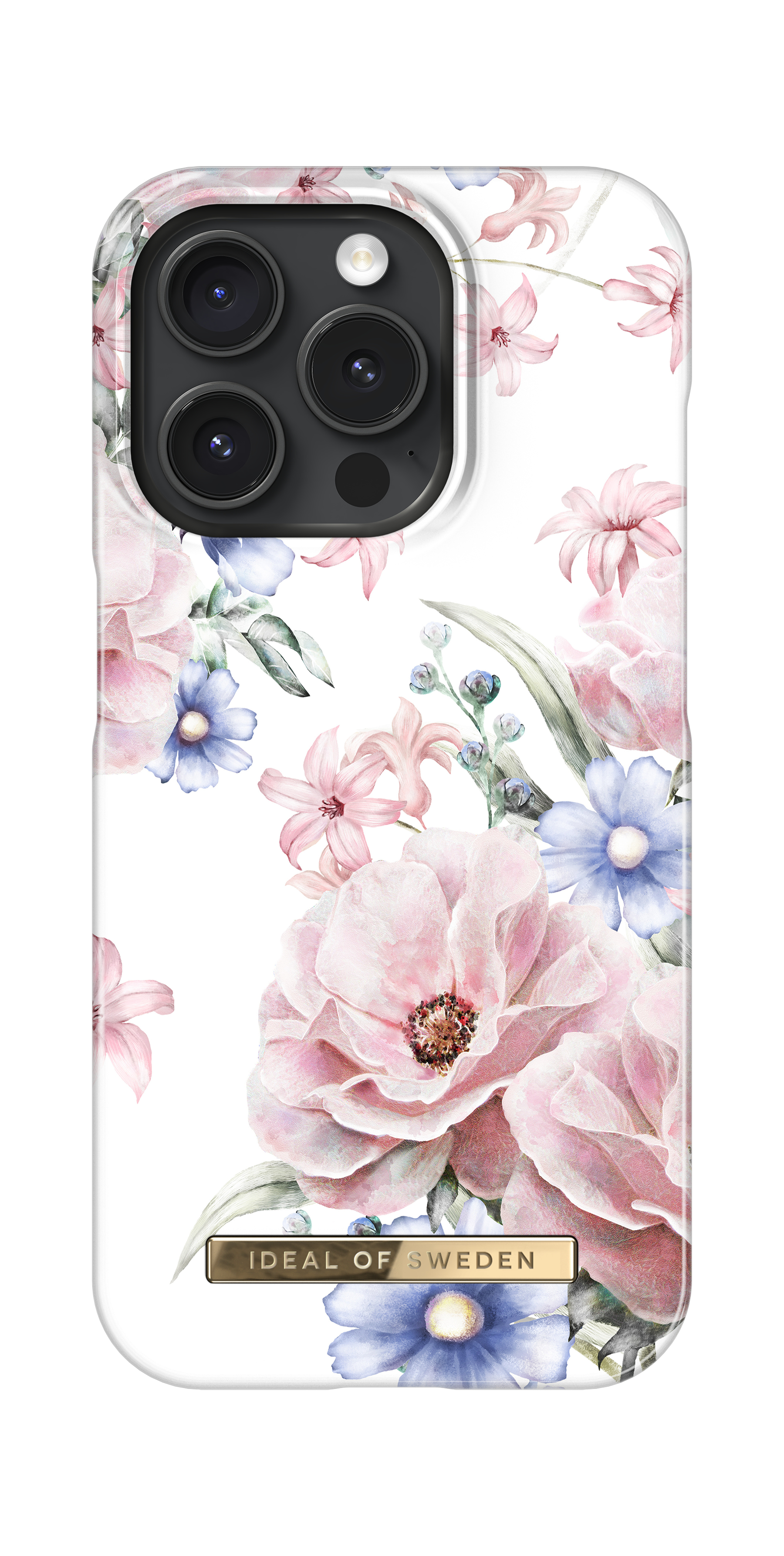 iPhone-Hülle mit floralem Design. Weißer Hintergrund mit rosa, blauen Blumen und goldenen Akzenten.