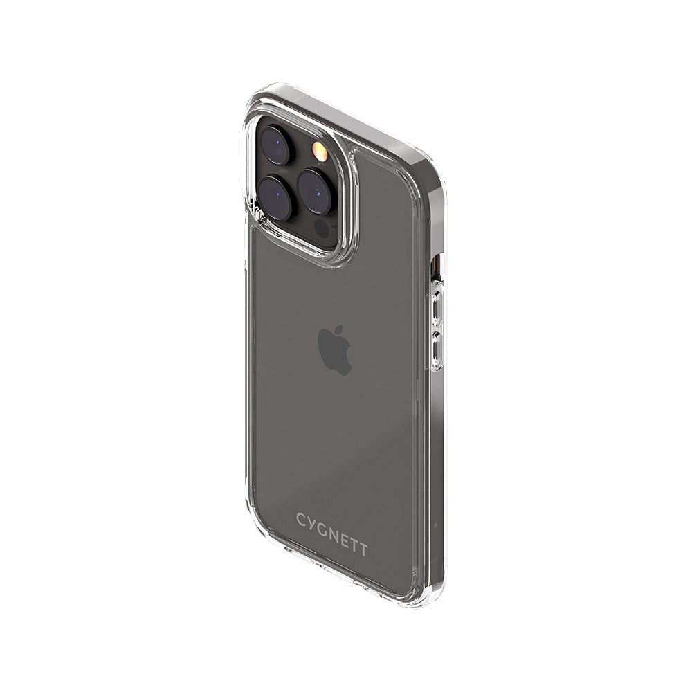 Una custodia trasparente per telefono con una configurazione della fotocamera a tripla lente.