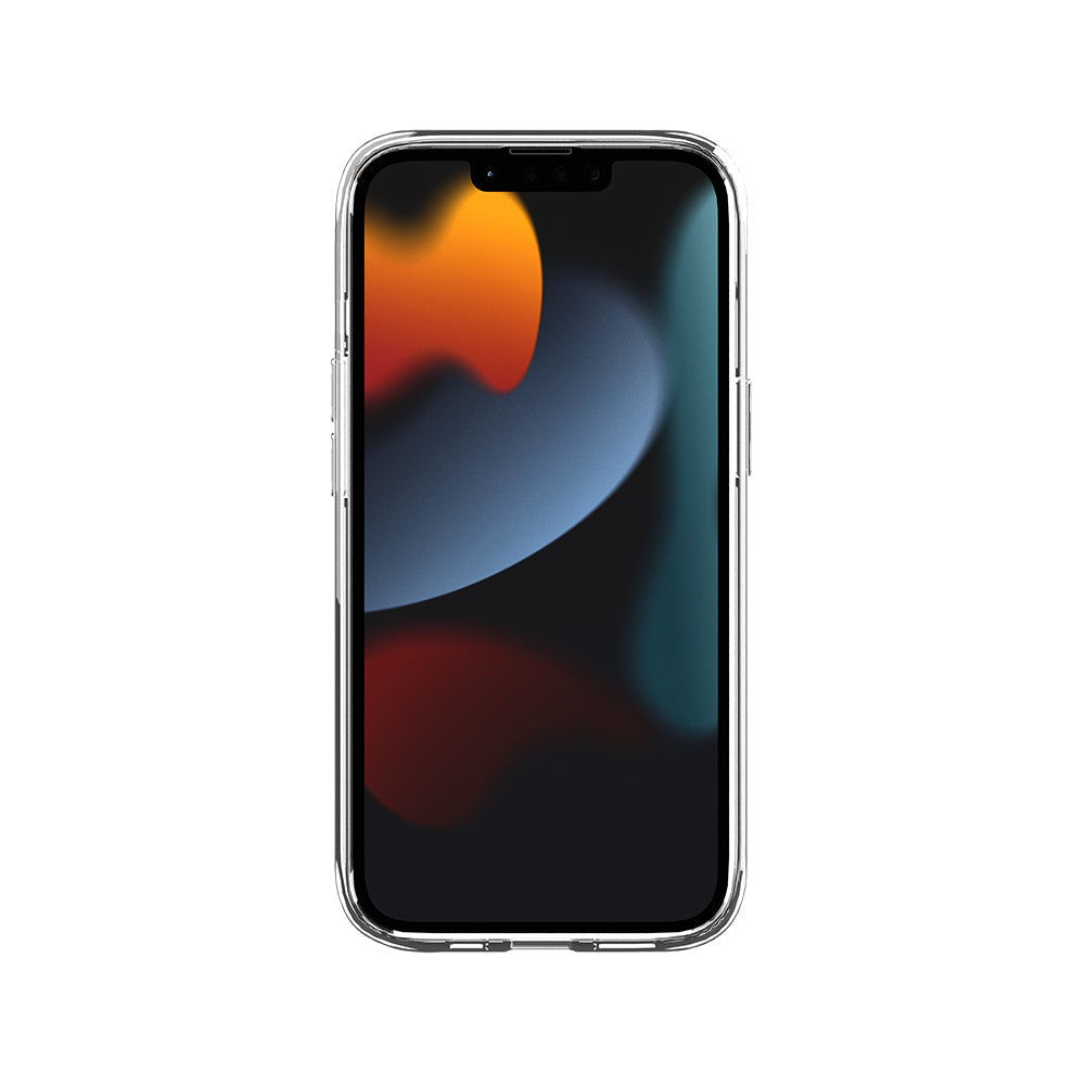 Smartphone in una custodia trasparente. Lo schermo mostra uno sfondo astratto e colorato.