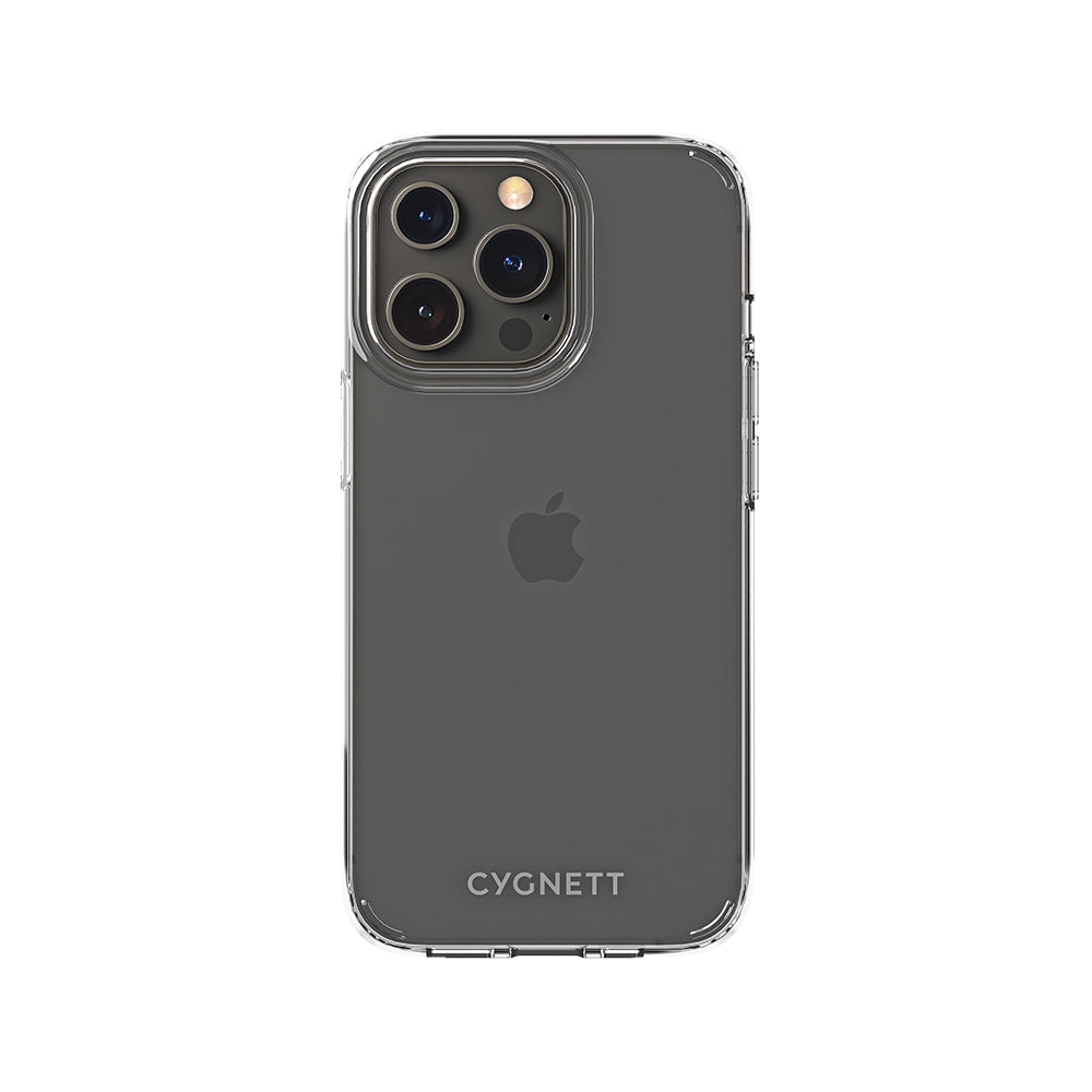 Custodia trasparente per telefono con ritaglio nero per la fotocamera. Il logo Apple è visibile.