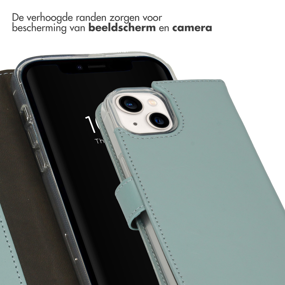 Telefoon in een blauwe leren hoes. De hoes beschermt het scherm en de camera.