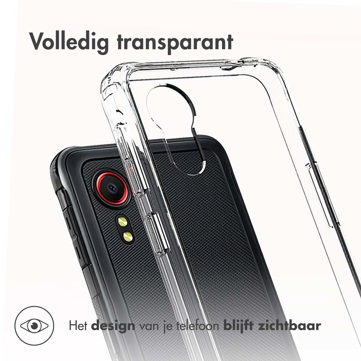 Telefoon in een doorzichtige hoes. Het telefoonontwerp is zichtbaar. De hoes is transparant. Tekst: volledig transparant.