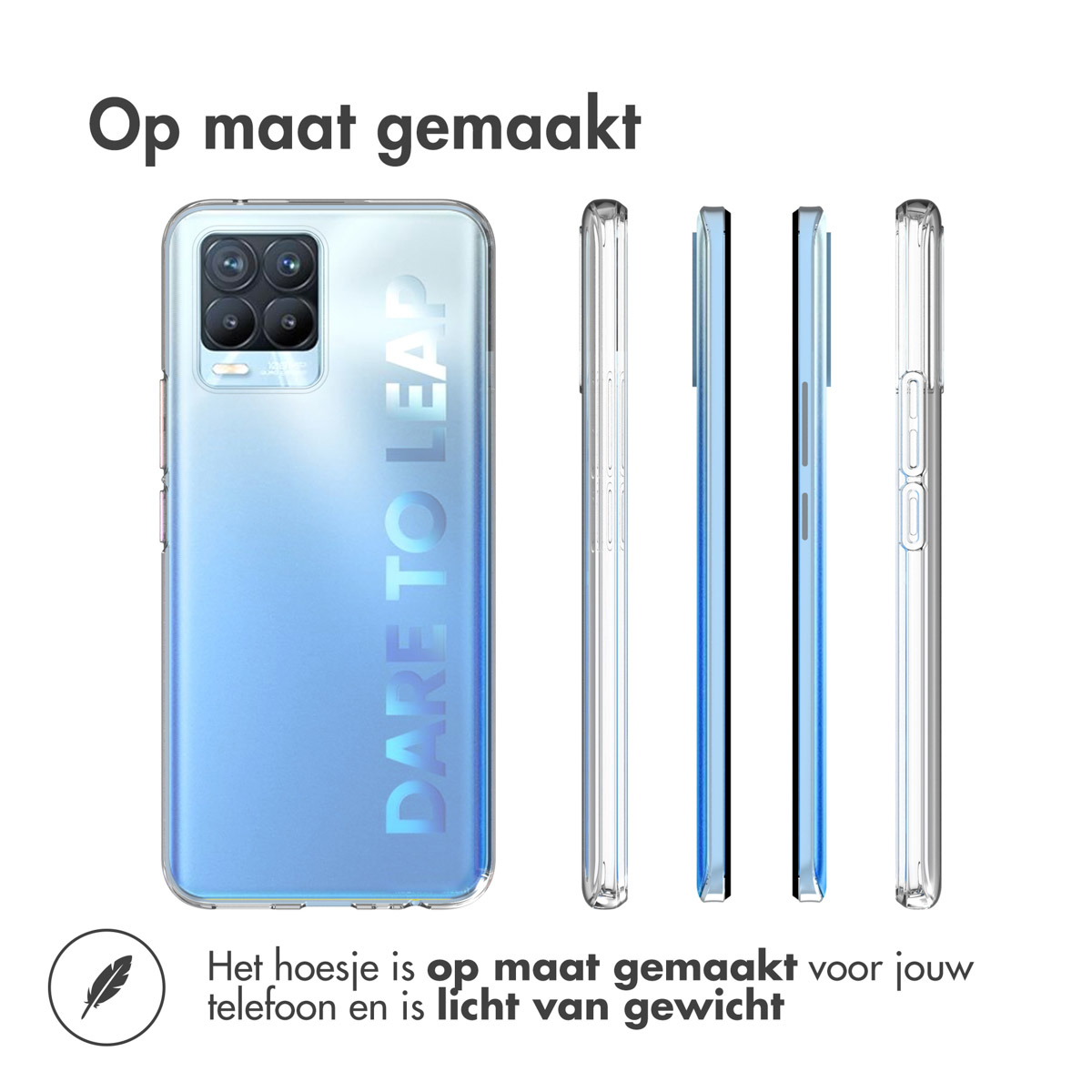 Custodia del telefono al centro e quattro lati. Il telefono è blu con testo bianco.