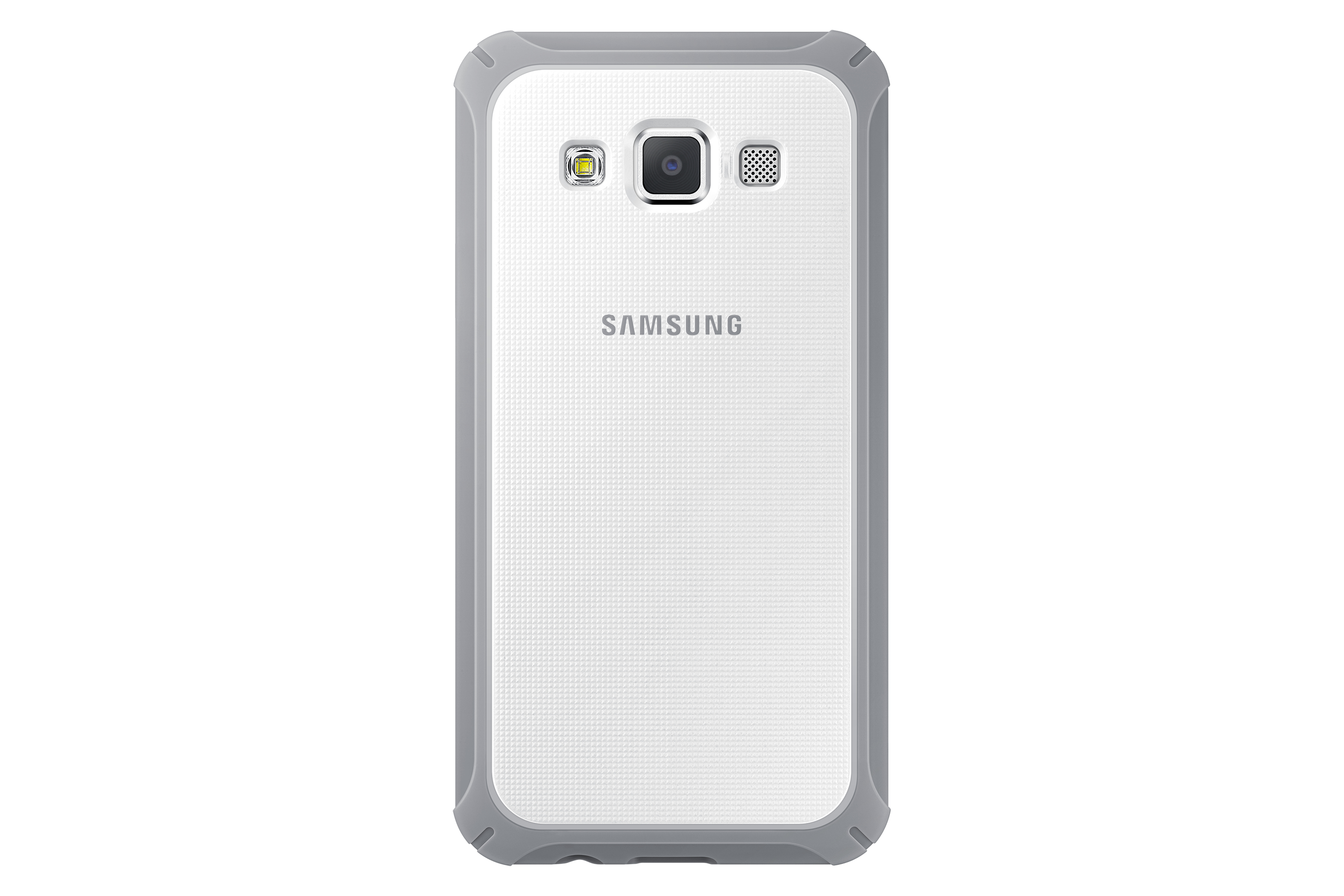 Smartphone bianco con custodia protettiva grigia. La custodia ha un ritaglio per la fotocamera.