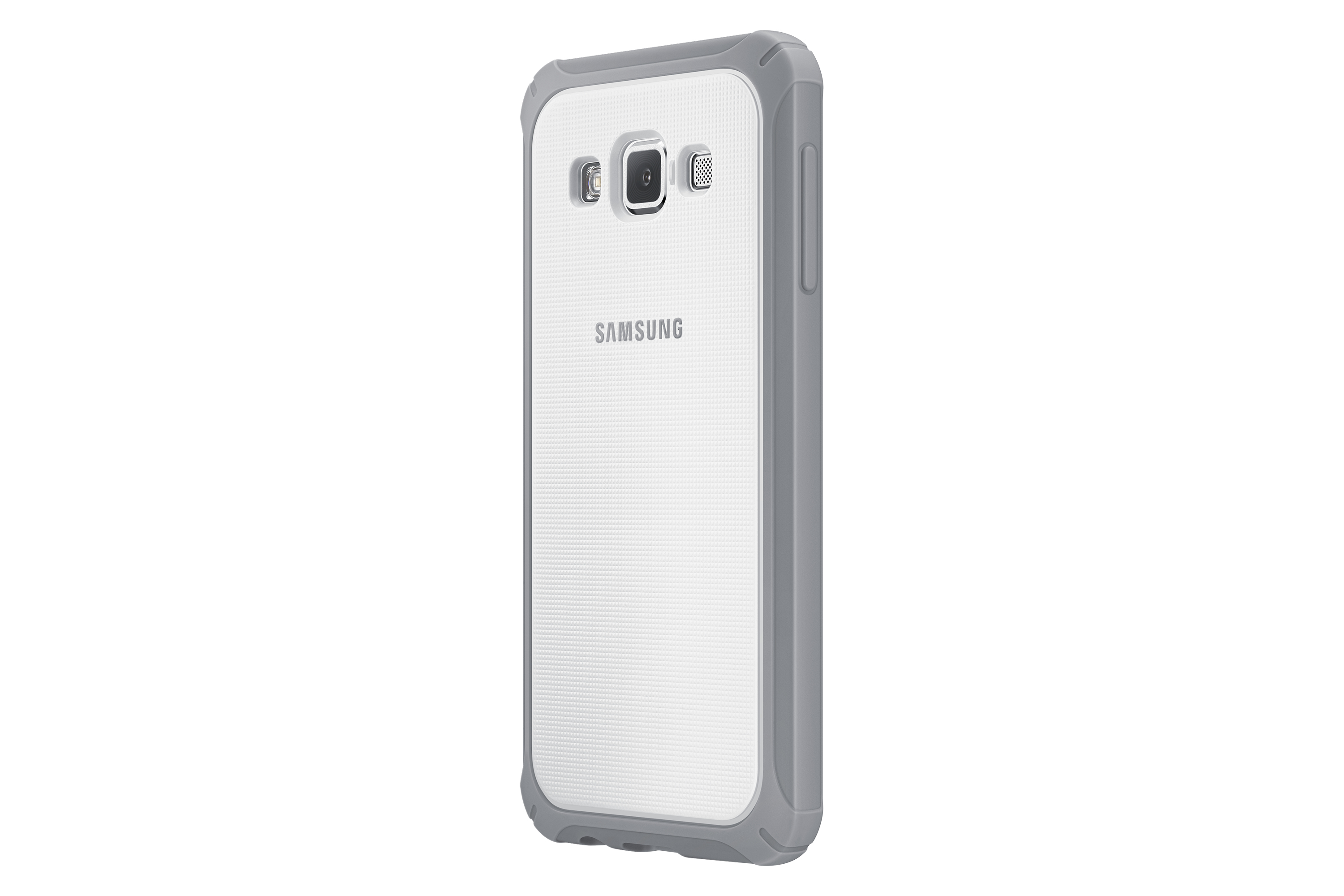 Un telefono Samsung in una custodia grigia, che mostra il retro del telefono con una fotocamera e il logo Samsung.