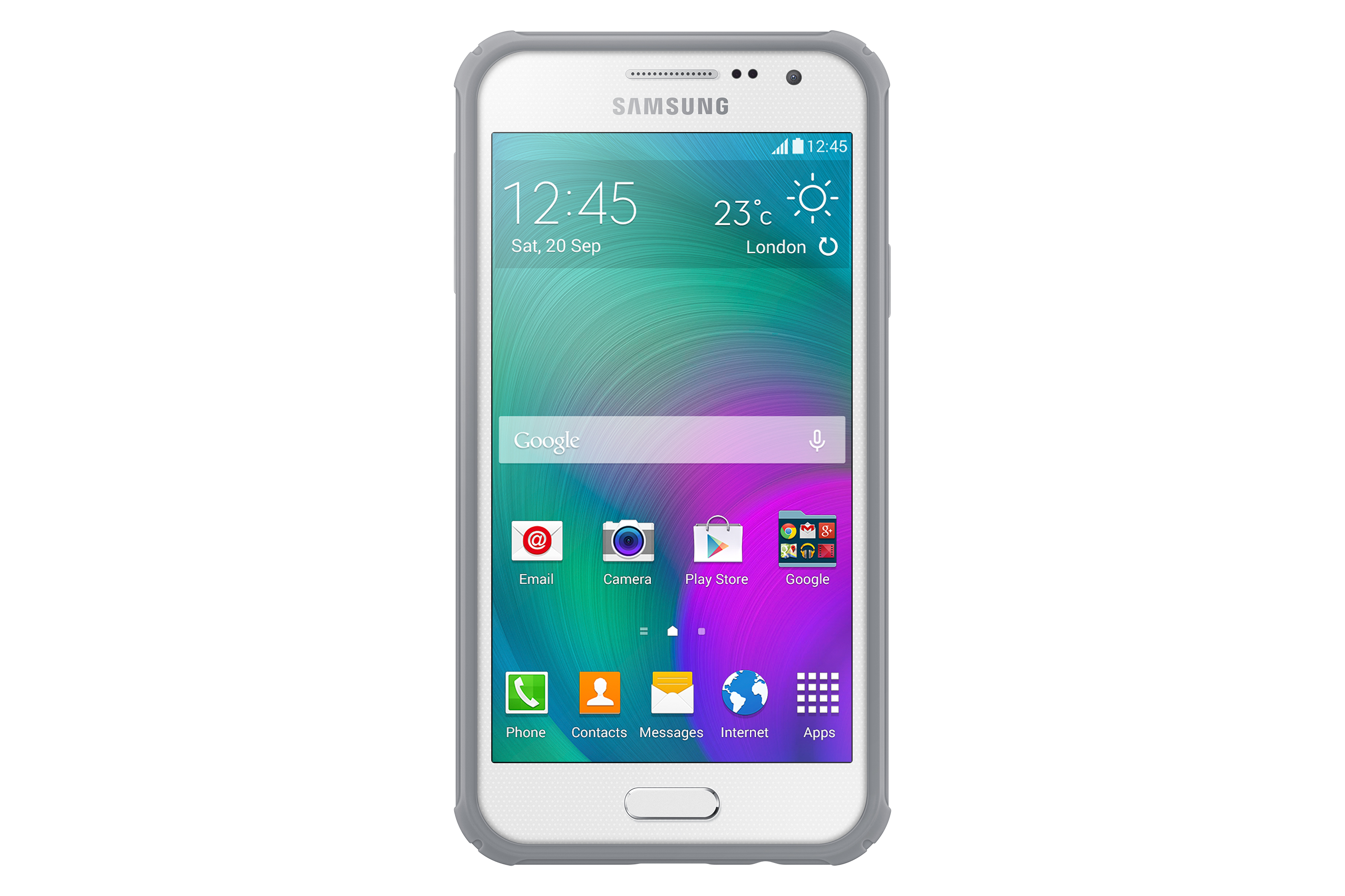 Schermo smartphone con ora, meteo e icone app.