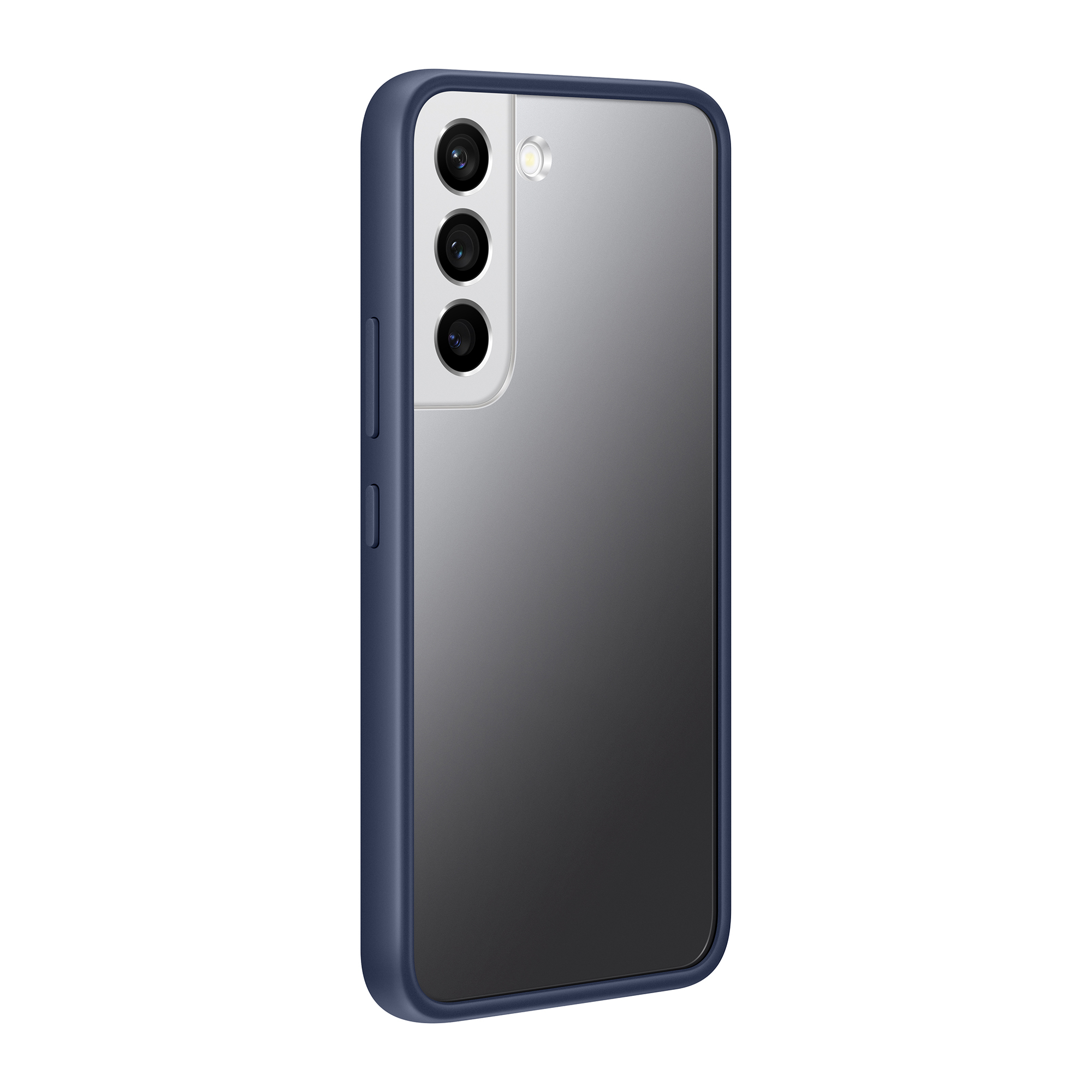 Una custodia per telefono blu e trasparente con tre obiettivi visibili.