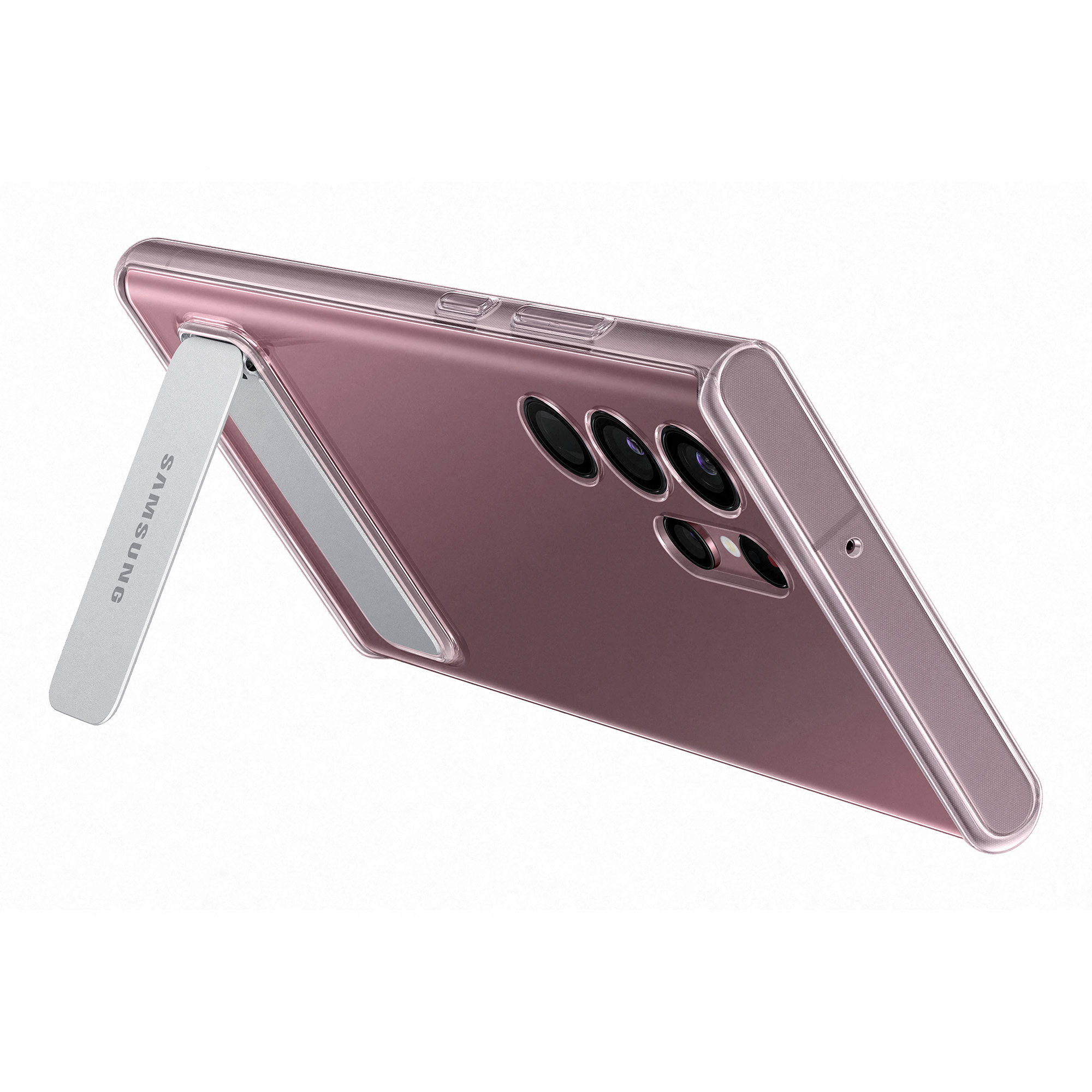 Una custodia trasparente per telefono con cavalletto, che mostra un telefono rosa con fotocamere.