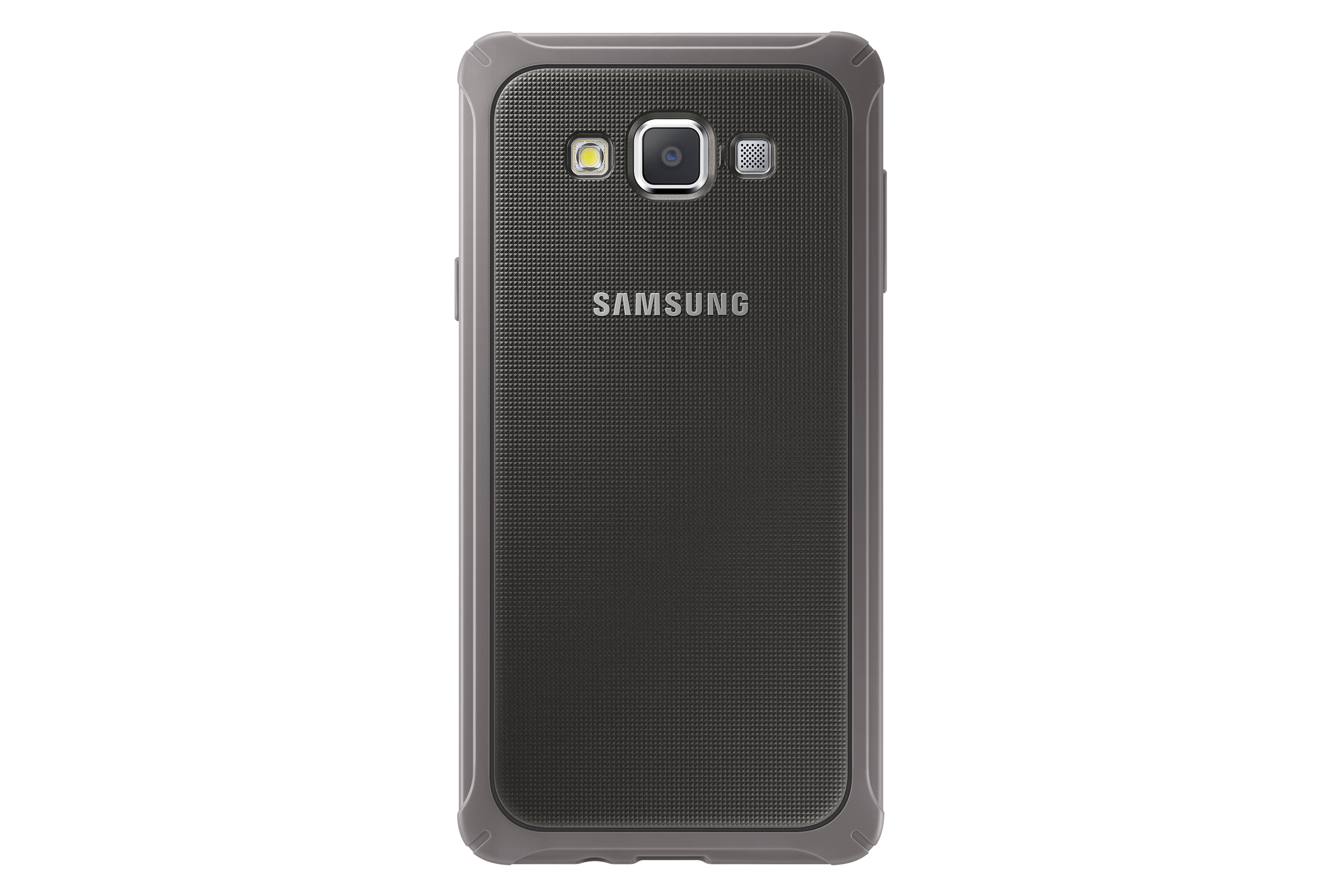 Telefono Samsung grigio con retro strutturato.