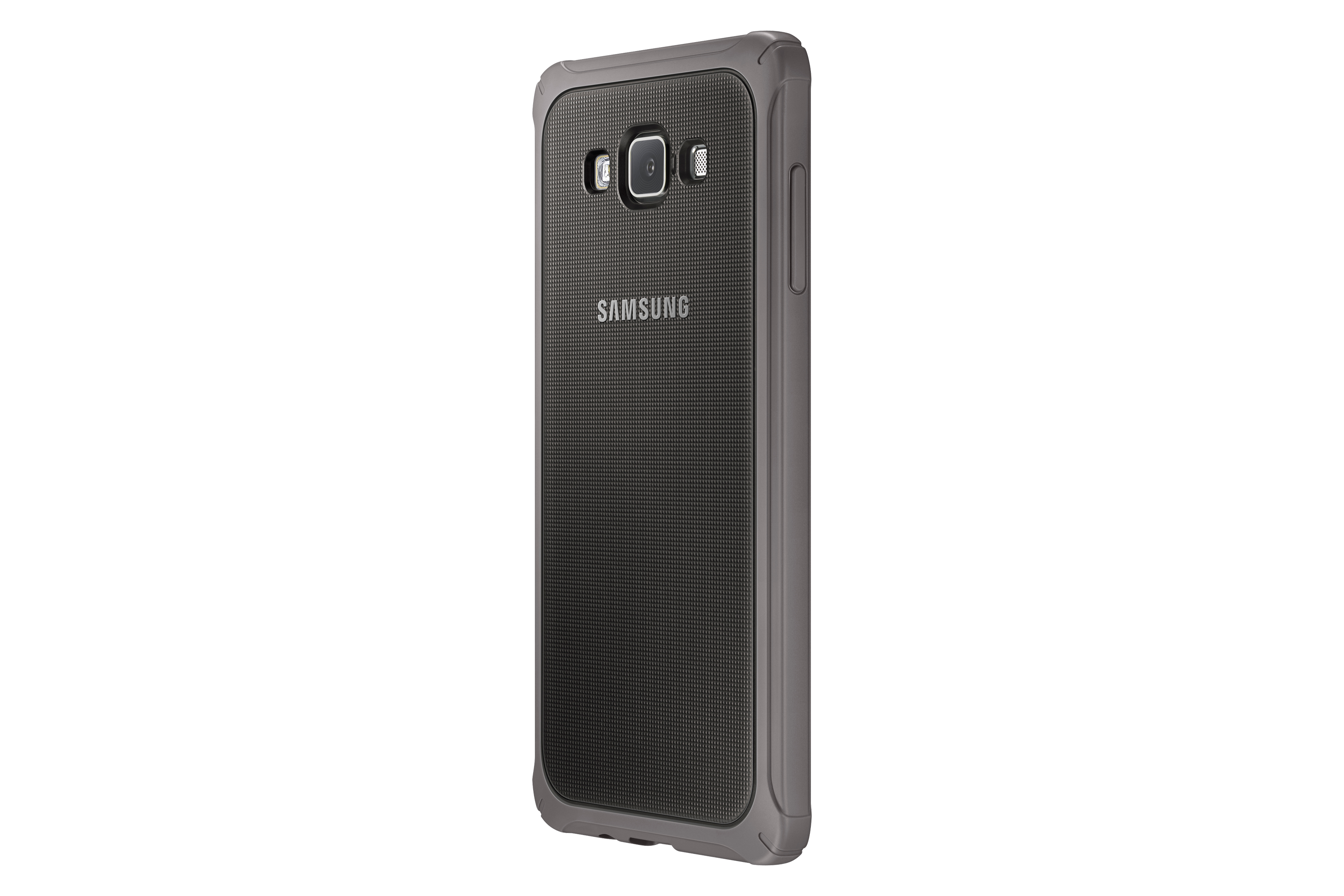 Una custodia grigia per telefono con fotocamera e logo Samsung su sfondo bianco.