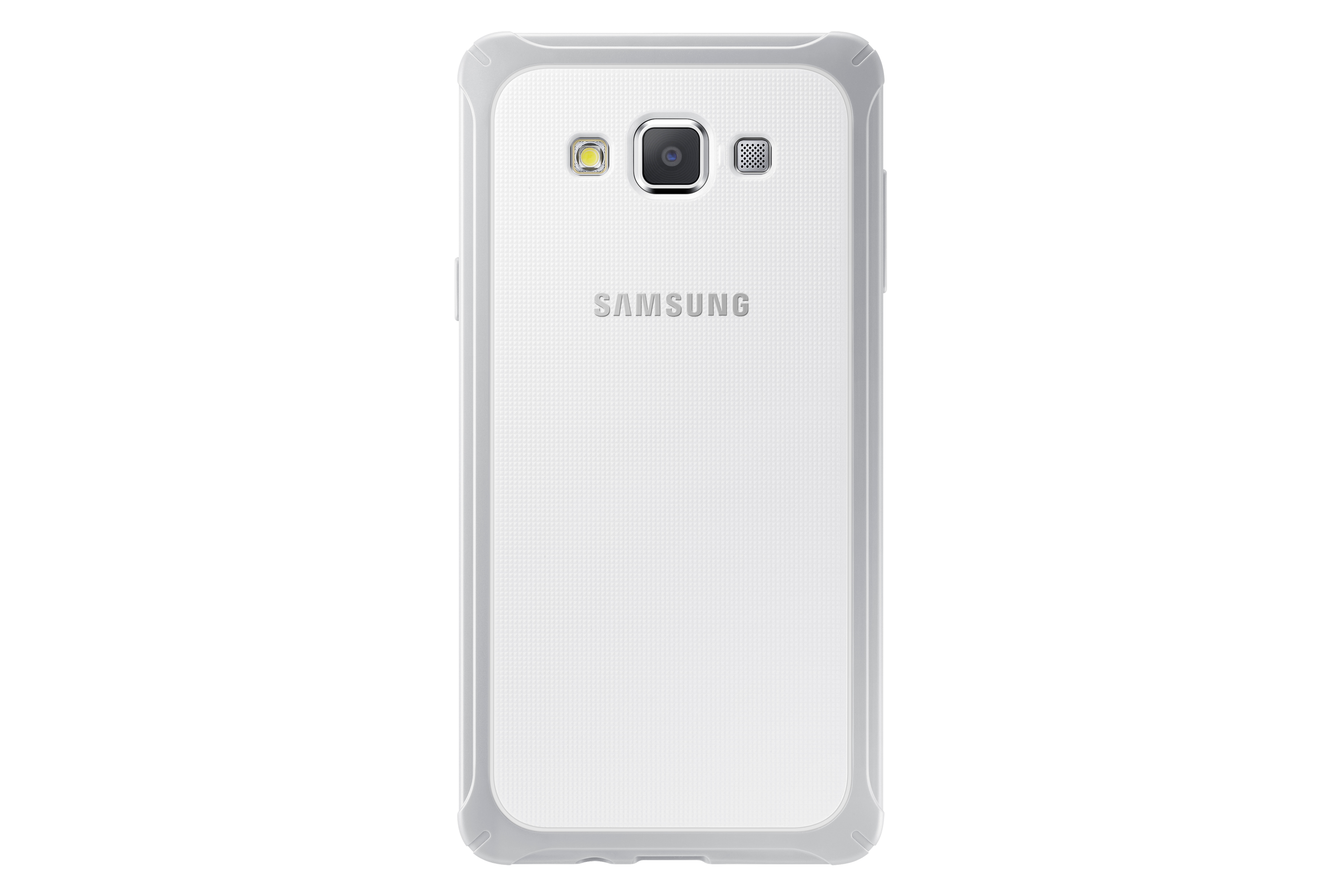 Il retro di uno smartphone Samsung in una custodia trasparente, con fotocamera, flash e il logo Samsung.