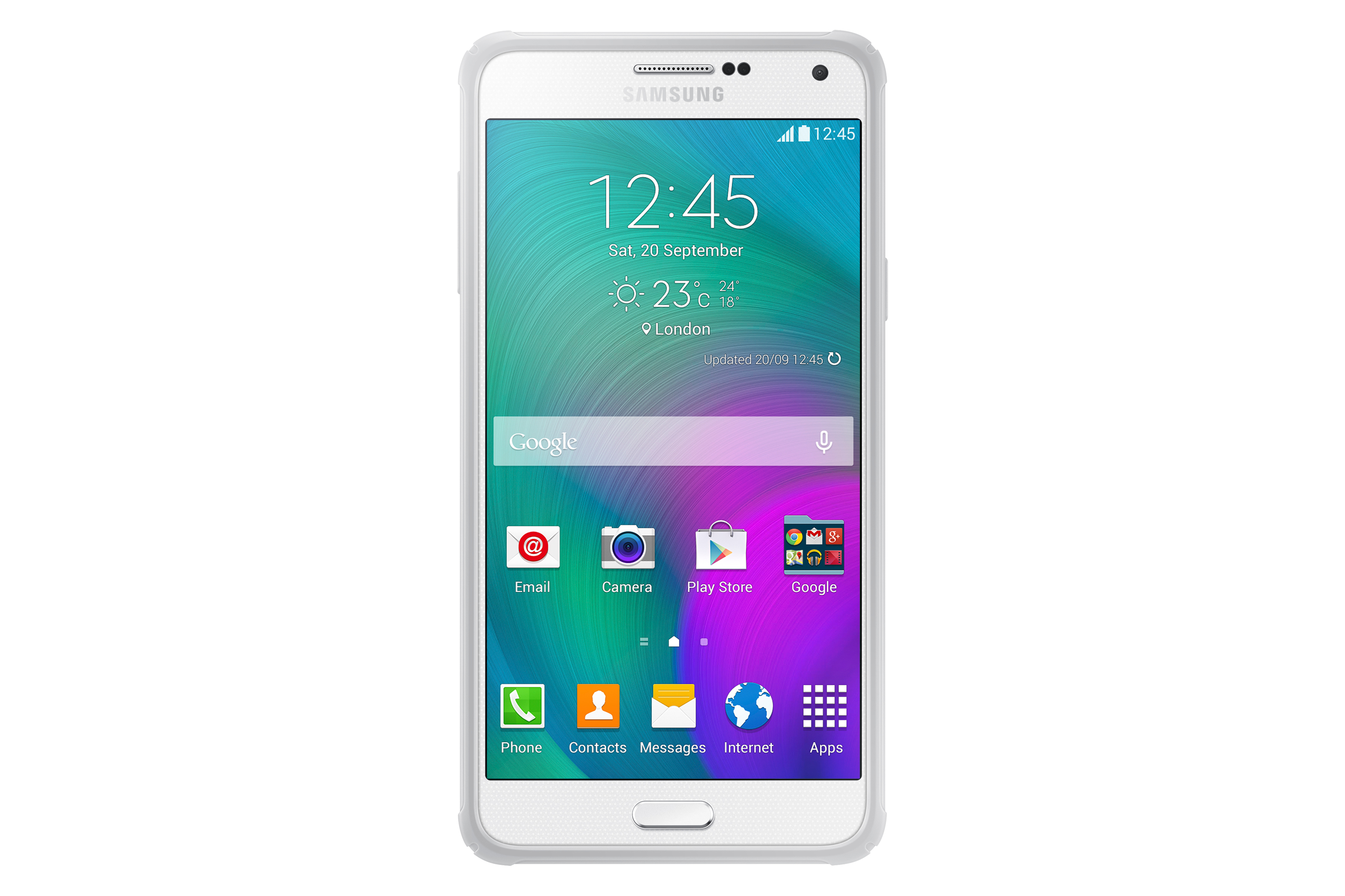 Smartphone bianco, vista frontale, mostra il display con icone, su sfondo bianco.