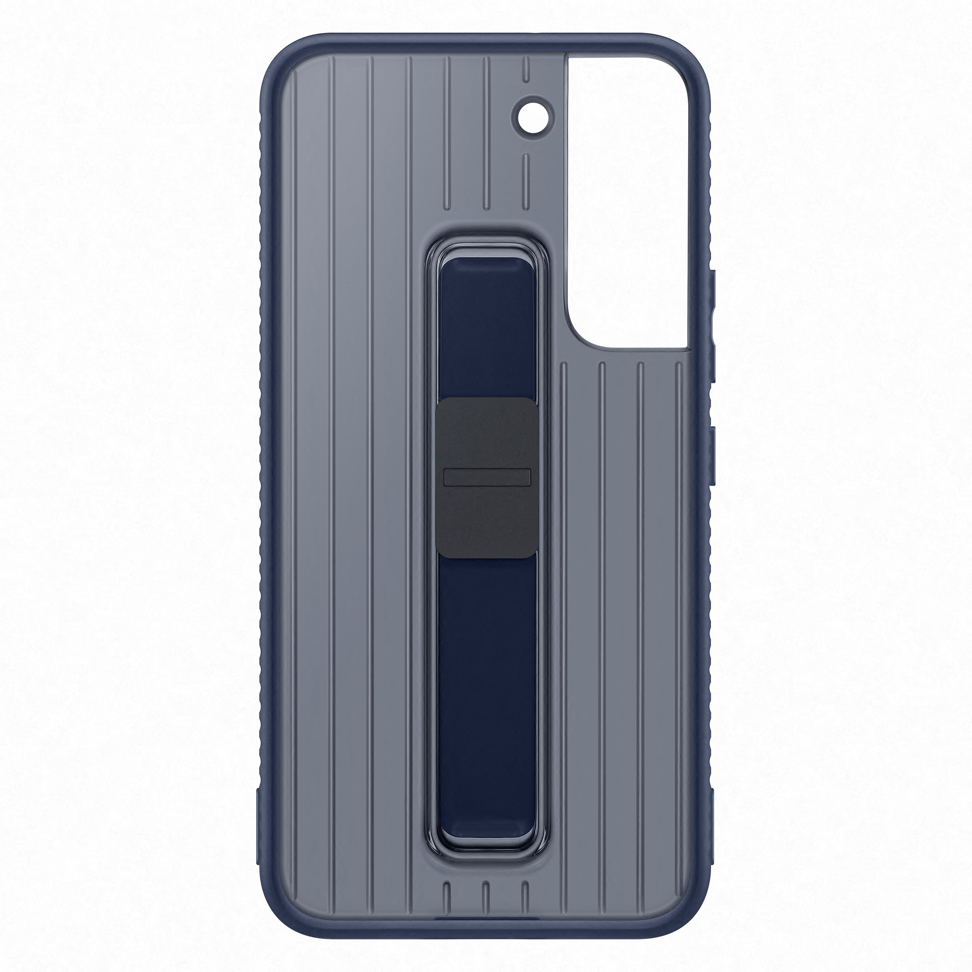 Eine blau-graue Handyhülle mit einem Ständer, mit vertikalem Design.