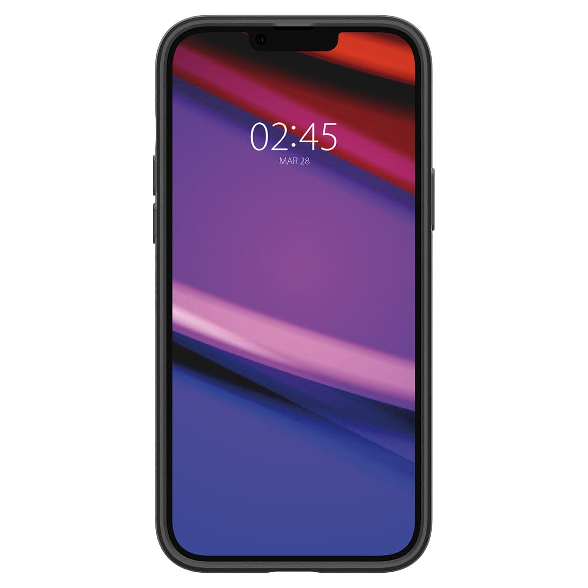 Un iPhone con lo schermo acceso, che mostra uno sfondo viola con l'ora.