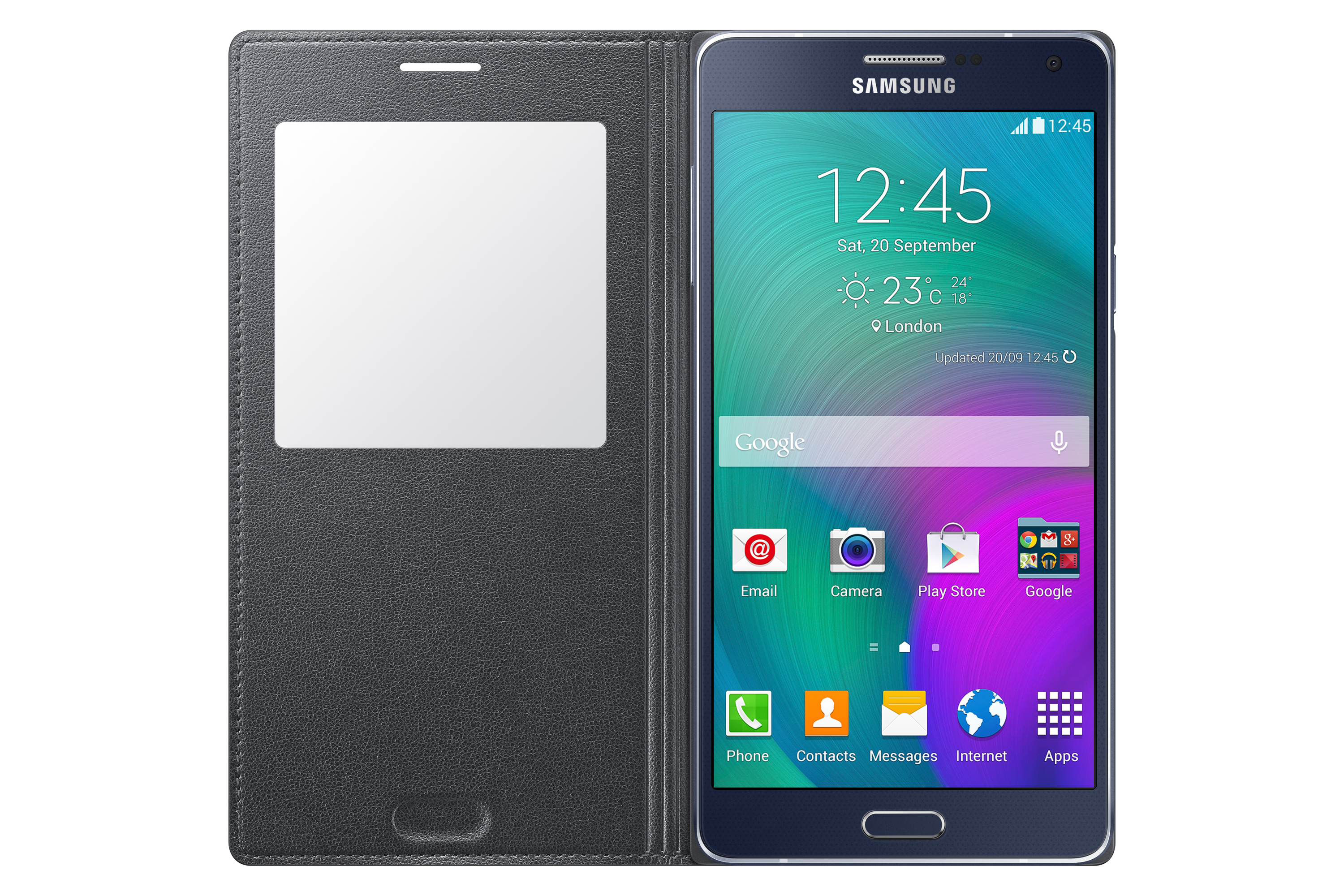 Telefono Samsung in una custodia a libro. Il telefono mostra l'ora, la data e le icone delle app.