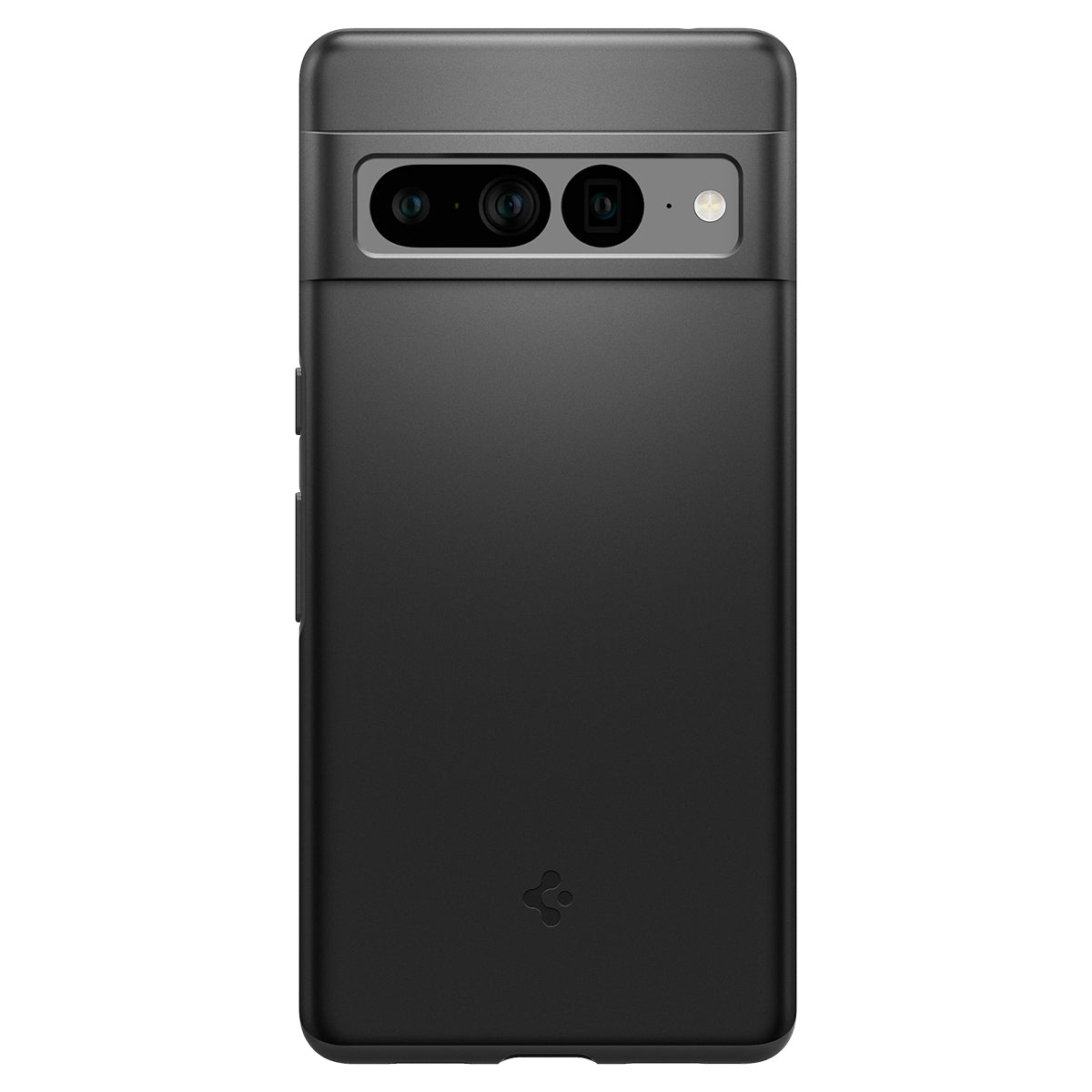 Viene visualizzata una custodia nera per telefono. La custodia ha un ritaglio per la fotocamera e protegge il telefono.