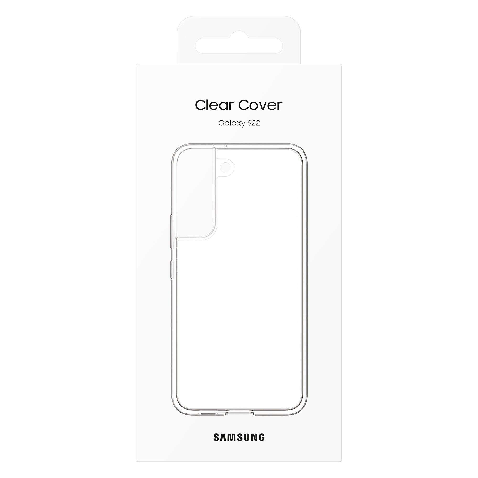 Confezione di custodia per telefono, scatola bianca con contorno di custodia trasparente. La custodia è per un Galaxy S22.