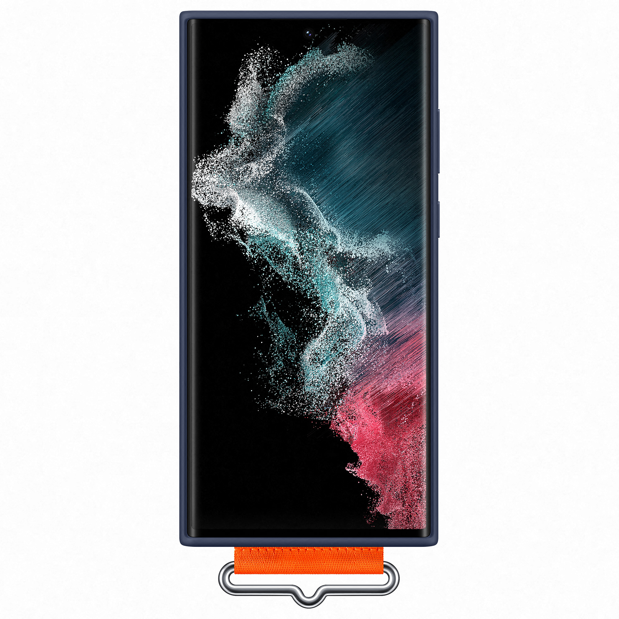 Una funda azul para teléfono con una fijación para correa. La pantalla del teléfono muestra una imagen abstracta colorida.