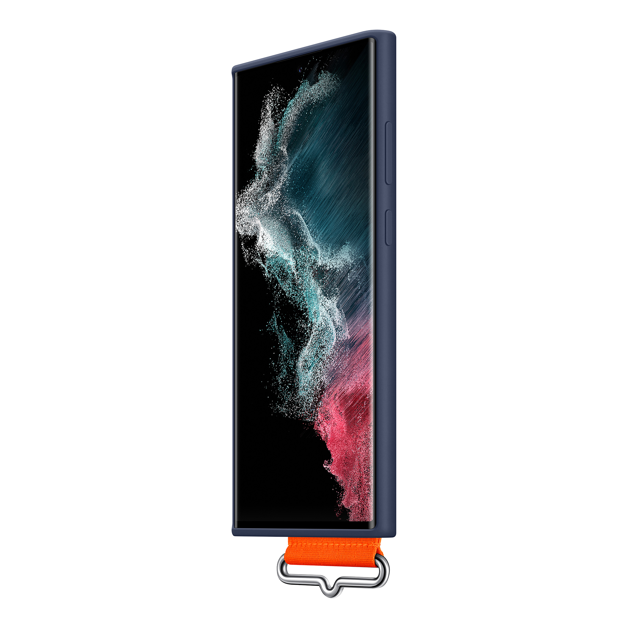 Teléfono azul con funda y correa naranja. El teléfono tiene un fondo abstracto colorido.