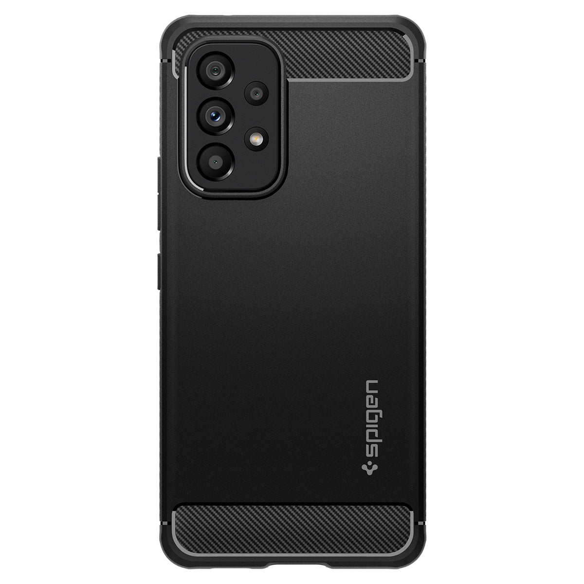 Una custodia per telefono nera con un retro strutturato. Il marchio "Spigen" è visibile sulla custodia.