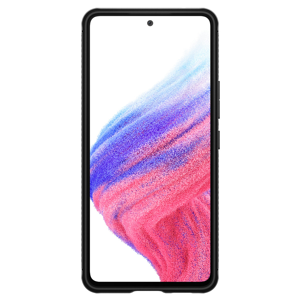 Lo schermo del telefono mostra arte astratta con colori rosa, blu e viola.