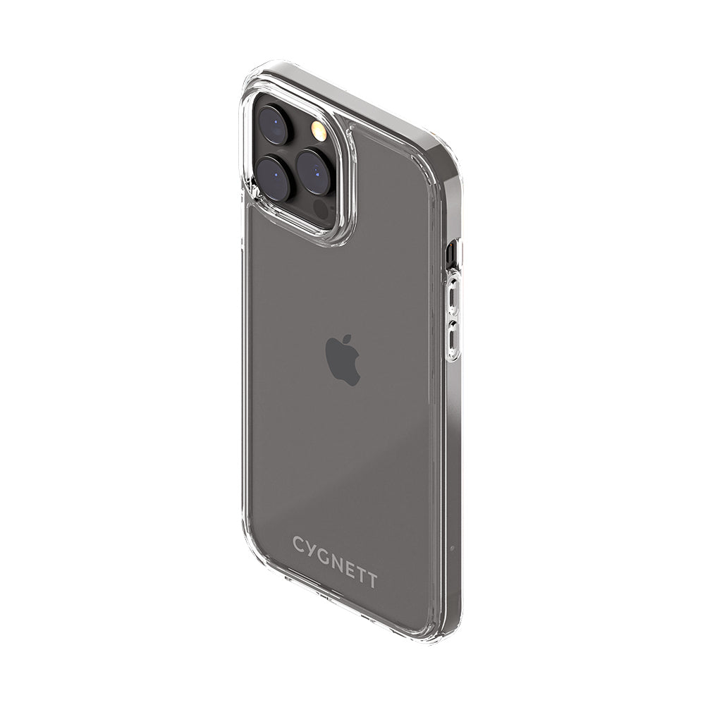 Eine transparente Handyhülle auf einem schwarzen iPhone, die Marke Cygnett zeigend.