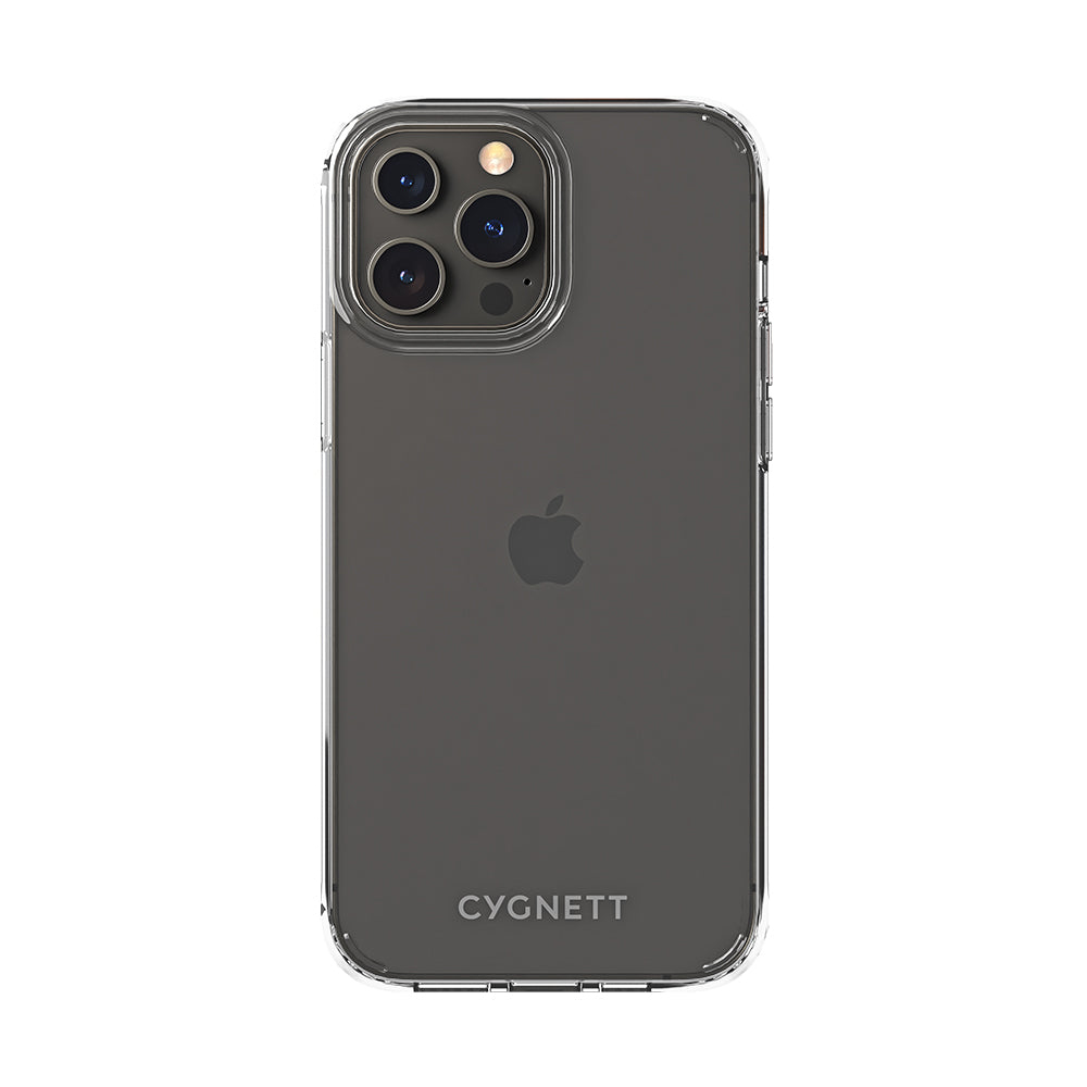 Klare iPhone-Hülle mit drei Kameralinsen und einem transparenten CYGNETT-Logo.