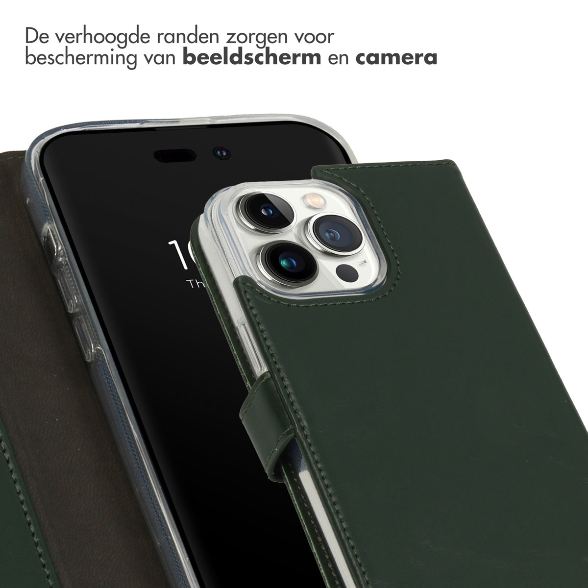 Telefoon met hoes. Tekst: Verhoogde randen beschermen scherm en camera.