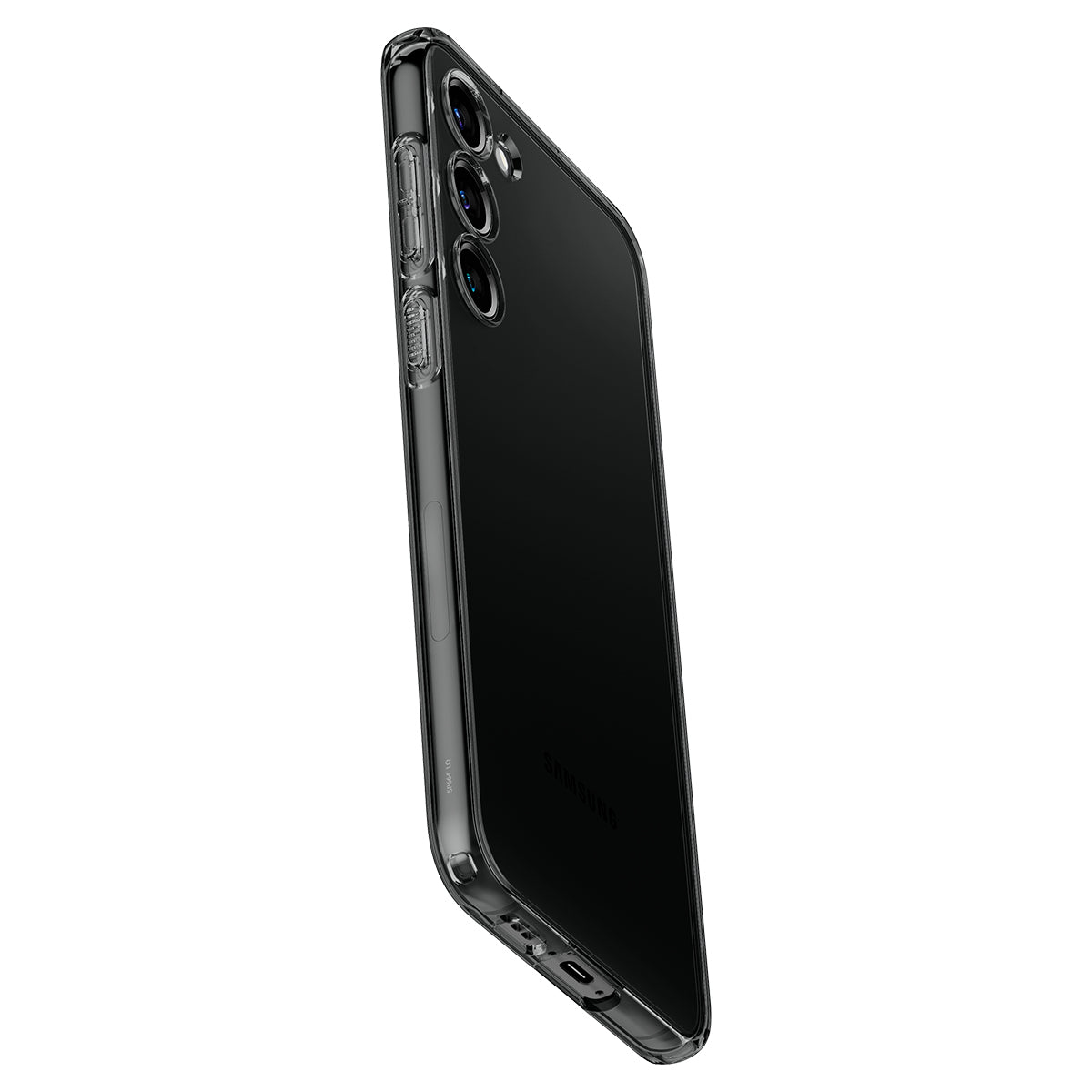 Transparente Handyhülle auf einem Telefon. Das Telefon ist schwarz. Ausschnitt für Kamera.