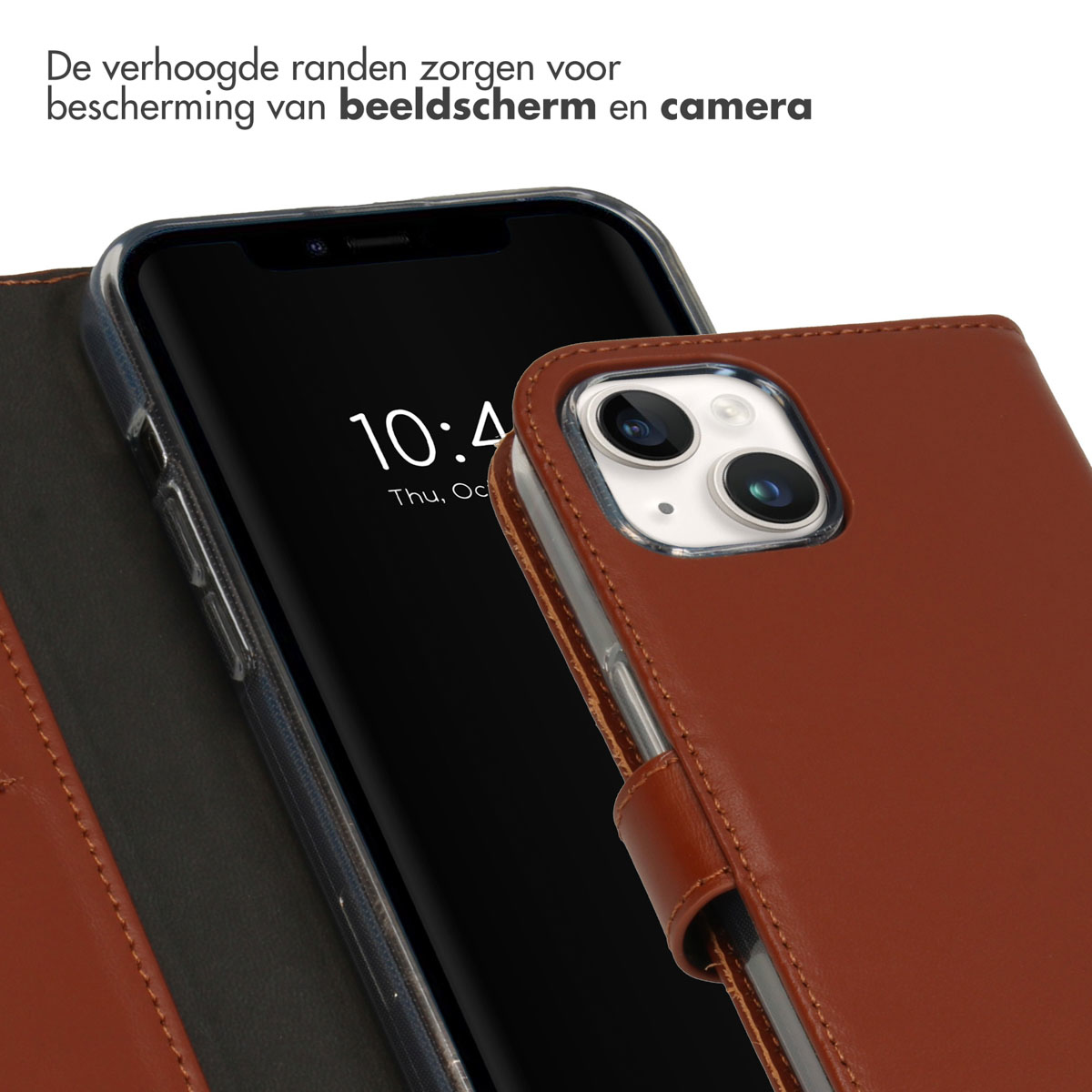 Brown leather phone case with a black phone inside. The screen shows a clock.