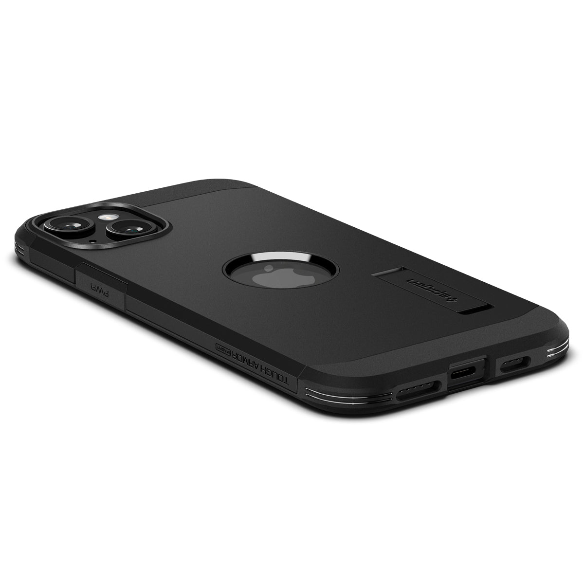 Black phone case on phone. Phone has Apple logo. Case has a Tough Armor label.