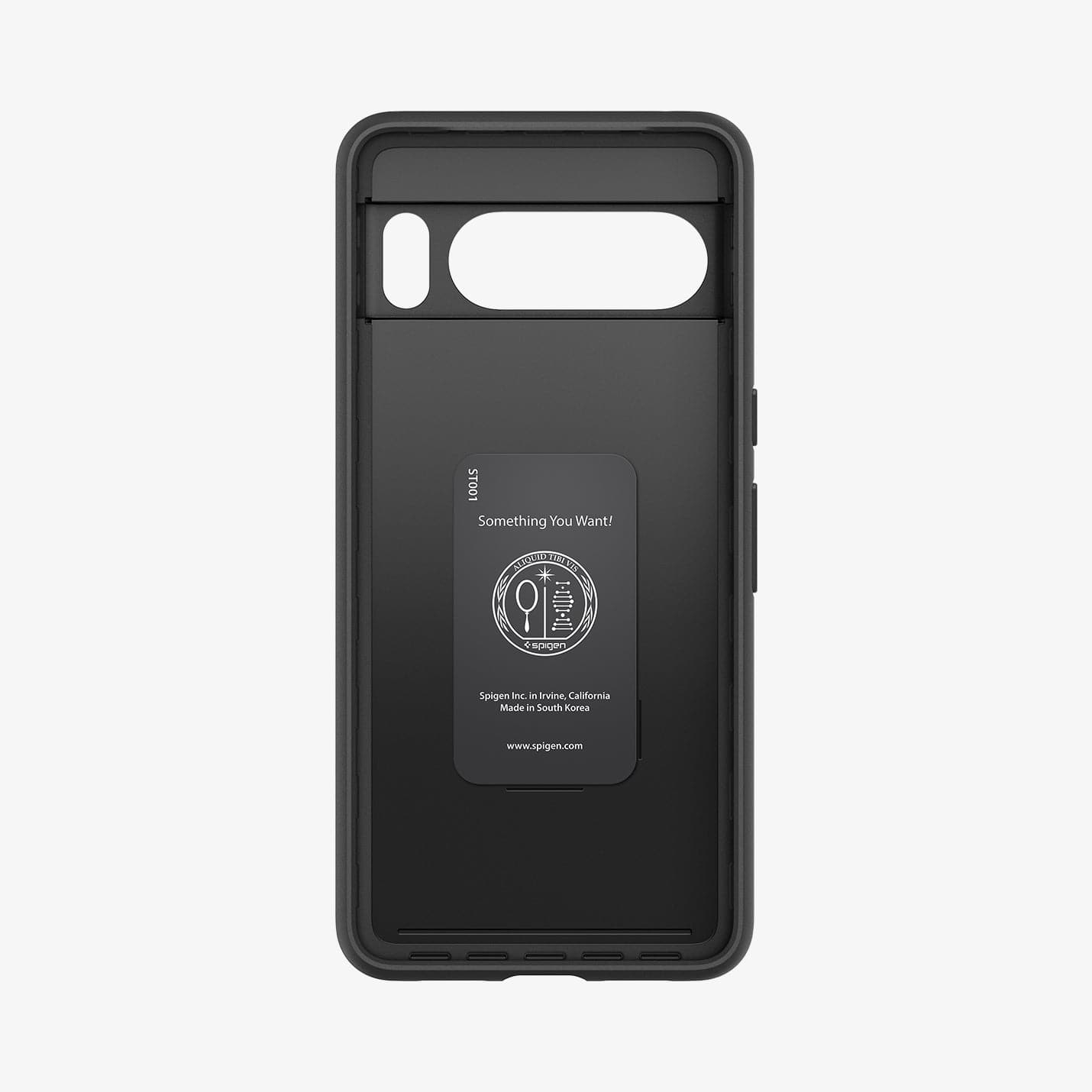 L'interno di una custodia nera per telefono. Il logo e il testo Spigen sono visibili.