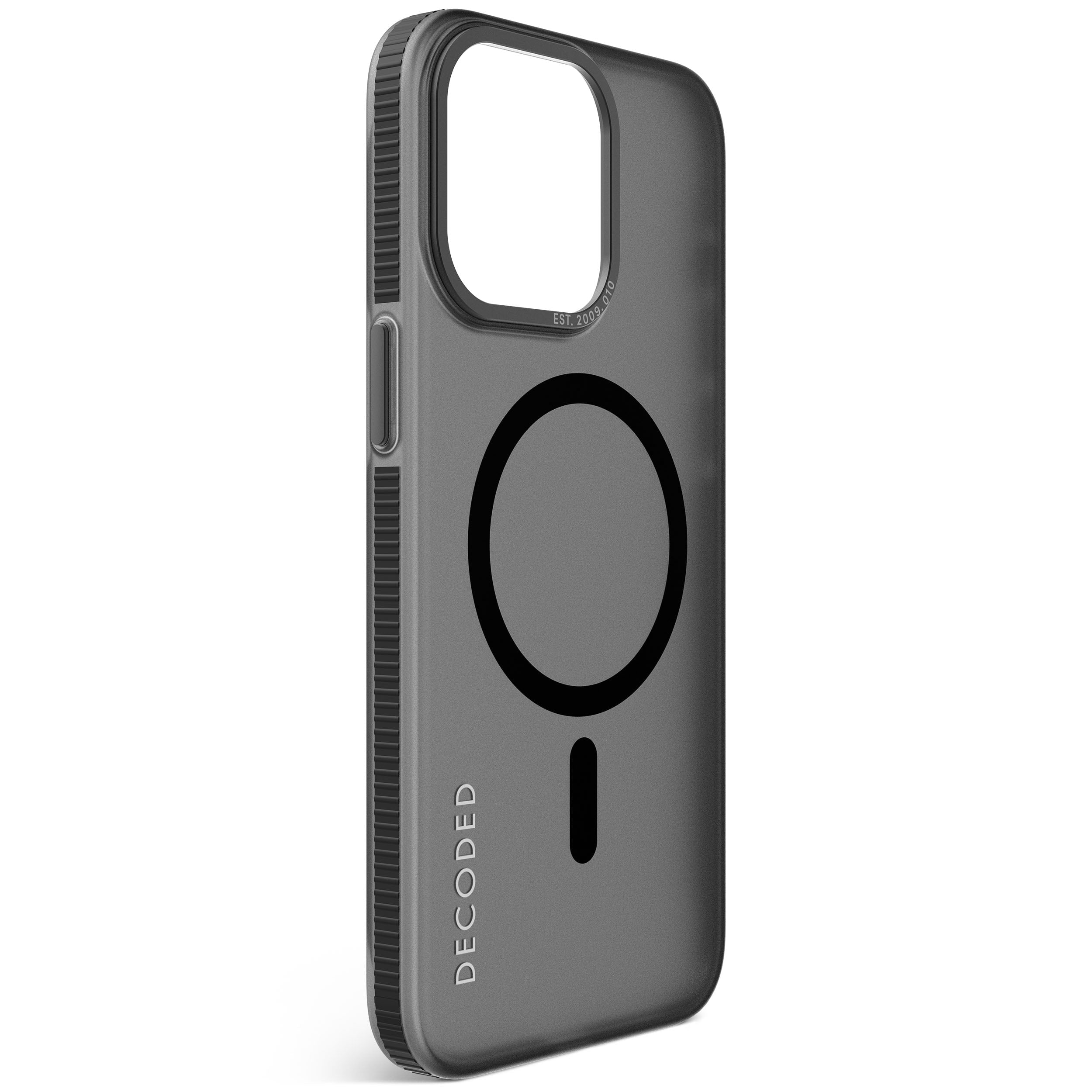 Custodia grigio scuro con cerchio nero e linea, su sfondo bianco.