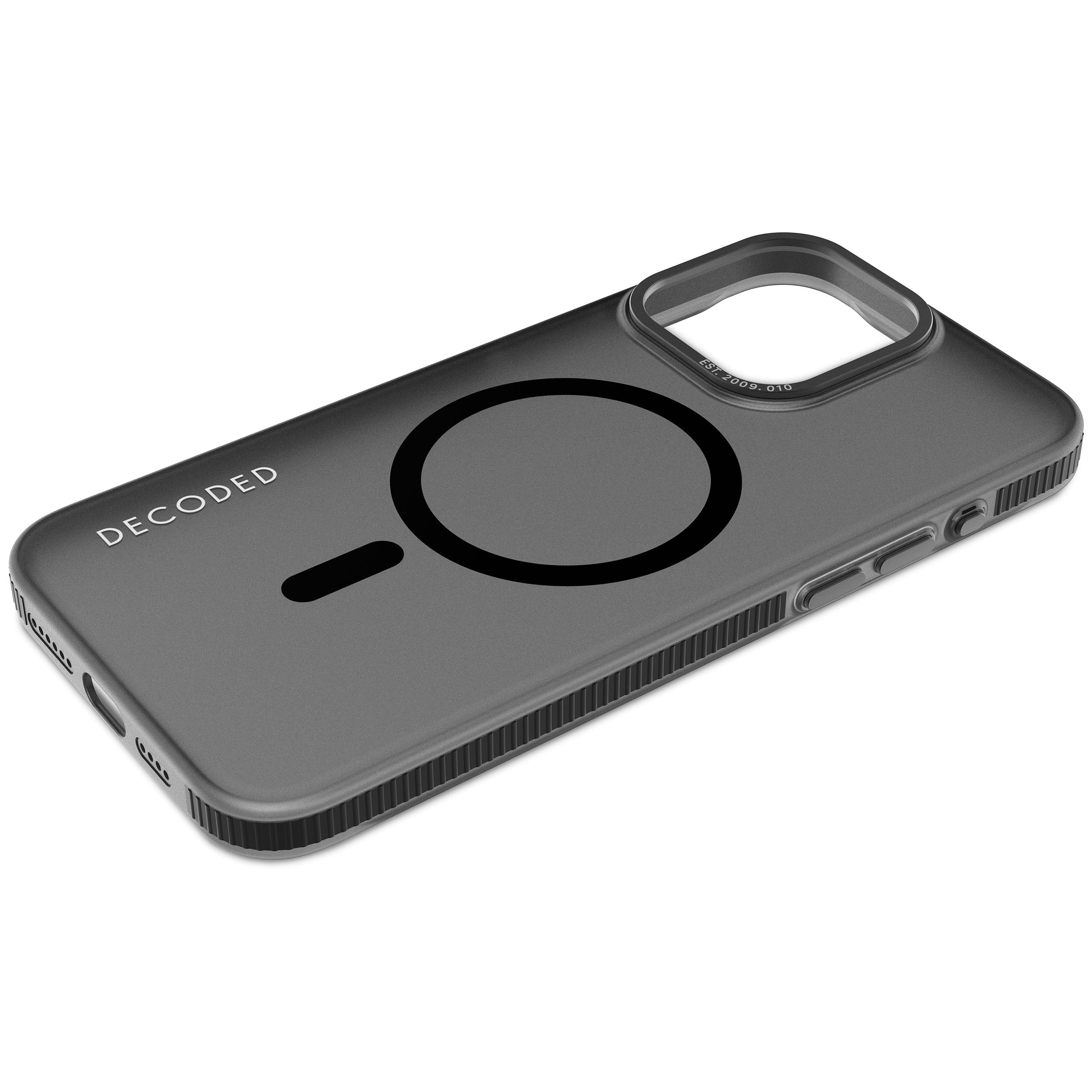 Custodia per telefono grigio scuro con un magnete a cerchio nero. Logo Decoded visibile.